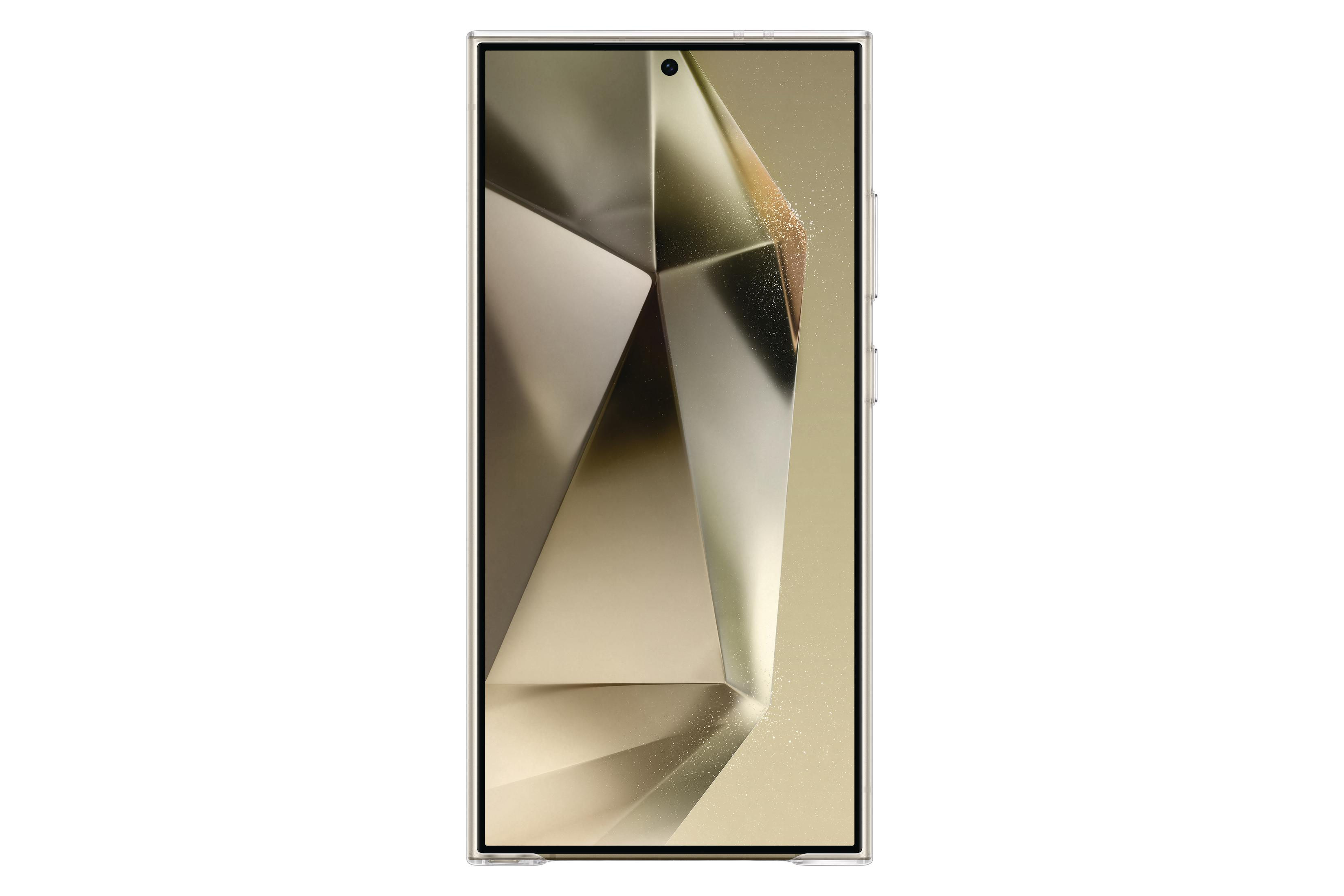 Un smartphone moderne sur fond blanc, avec un motif géométrique sur l'écran.