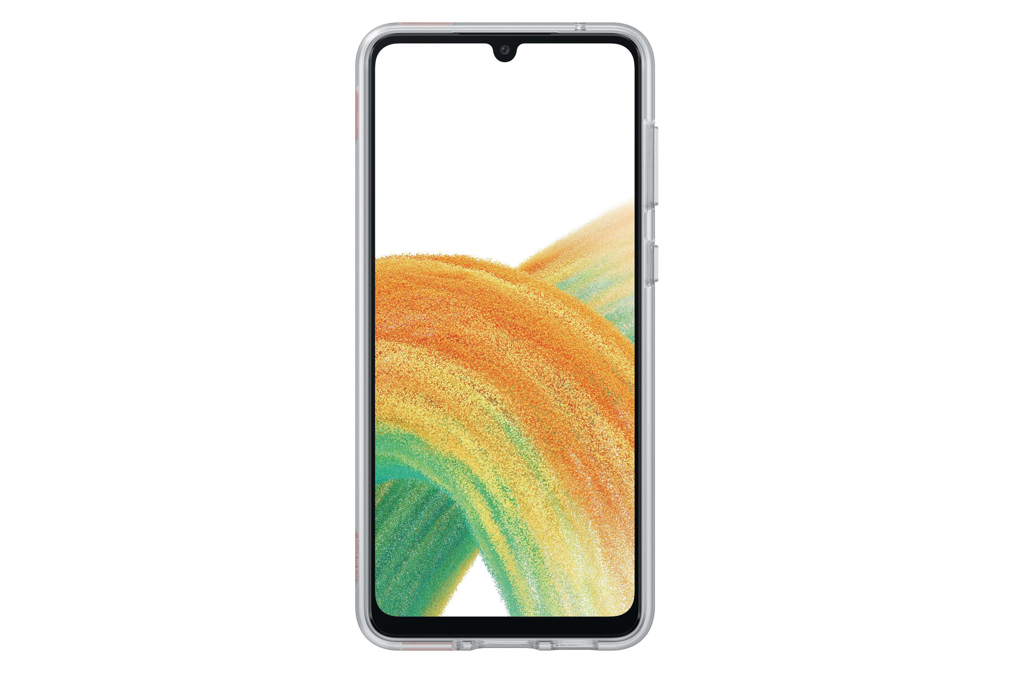 Uno smartphone in una custodia trasparente. Lo schermo è acceso e mostra un design astratto e colorato.