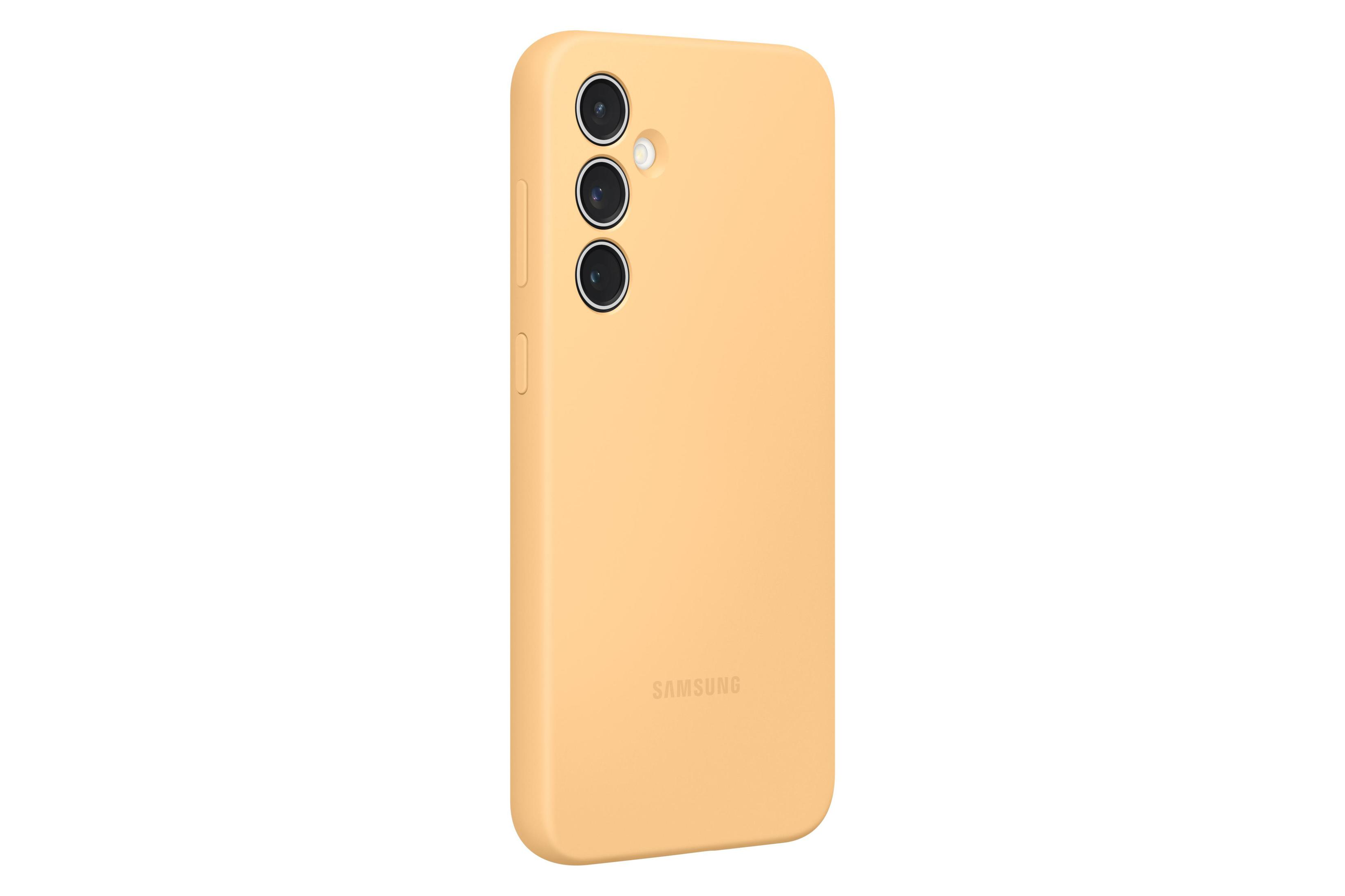 Funda amarilla para smartphone con tres lentes de cámara y el logo de Samsung, sobre fondo blanco.