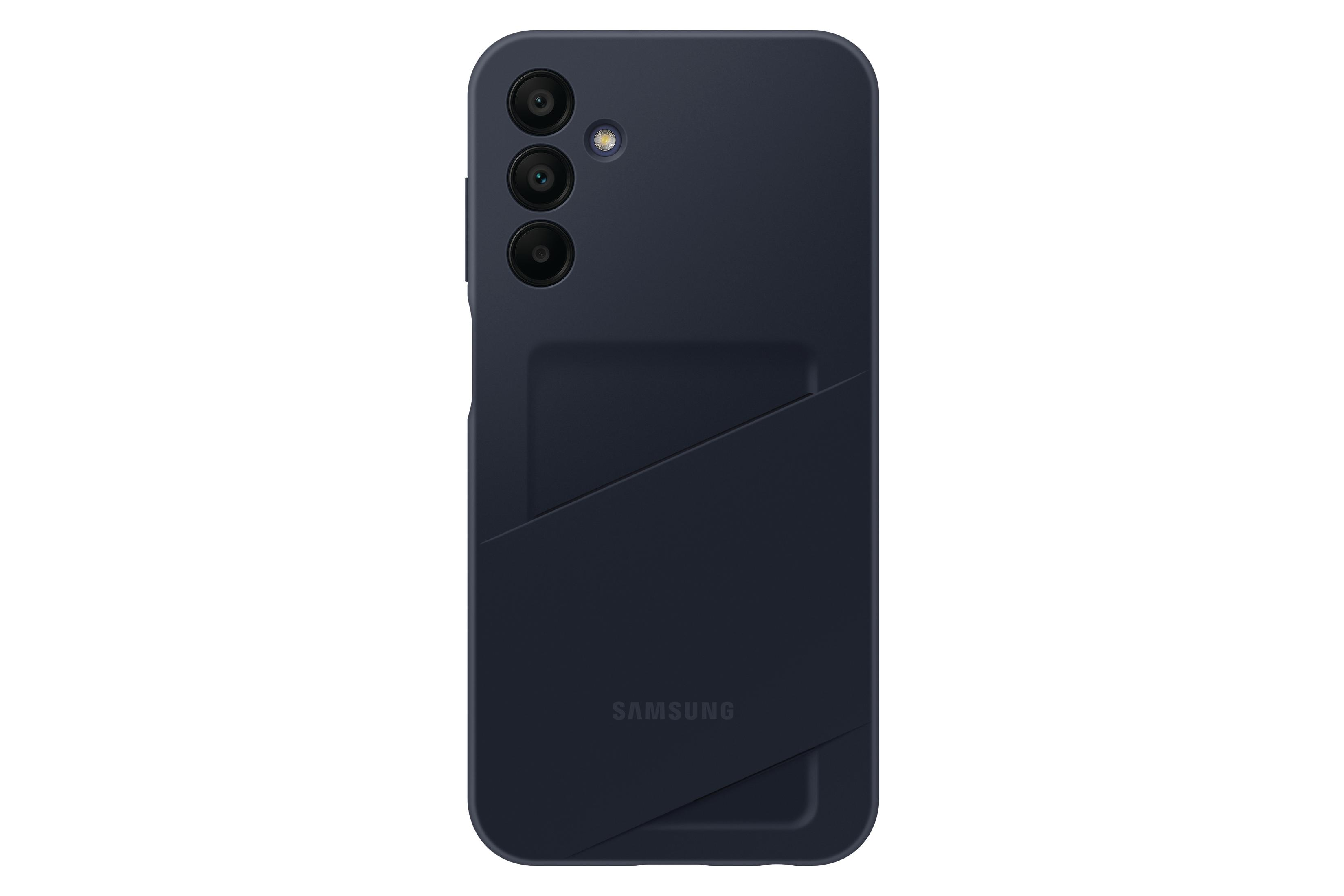 Blaue Telefonhülle mit Kartenfach auf der Rückseite und dem Samsung-Logo darunter.