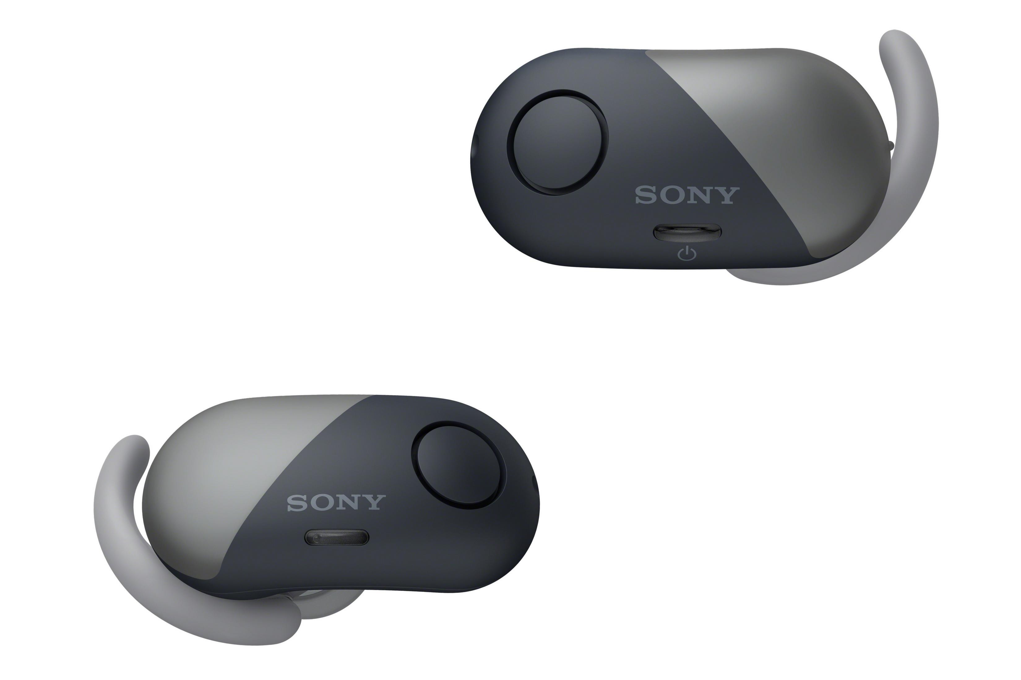 Due auricolari Sony grigi e neri su superficie bianca.