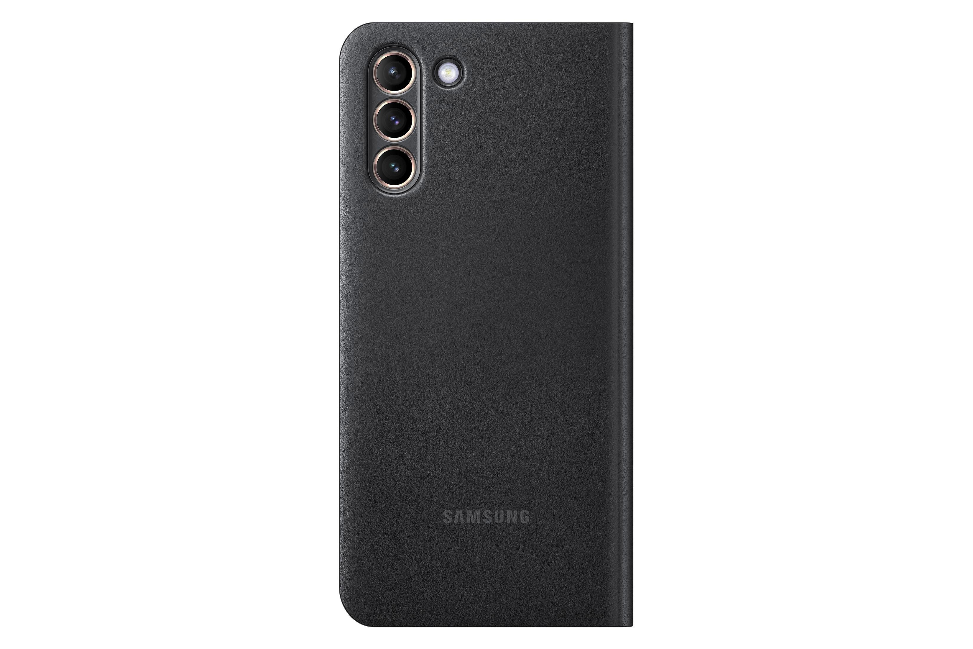 Ein schwarzes Telefon mit Hülle. Die Hülle hat drei Kameralinsen und ein Samsung-Logo.
