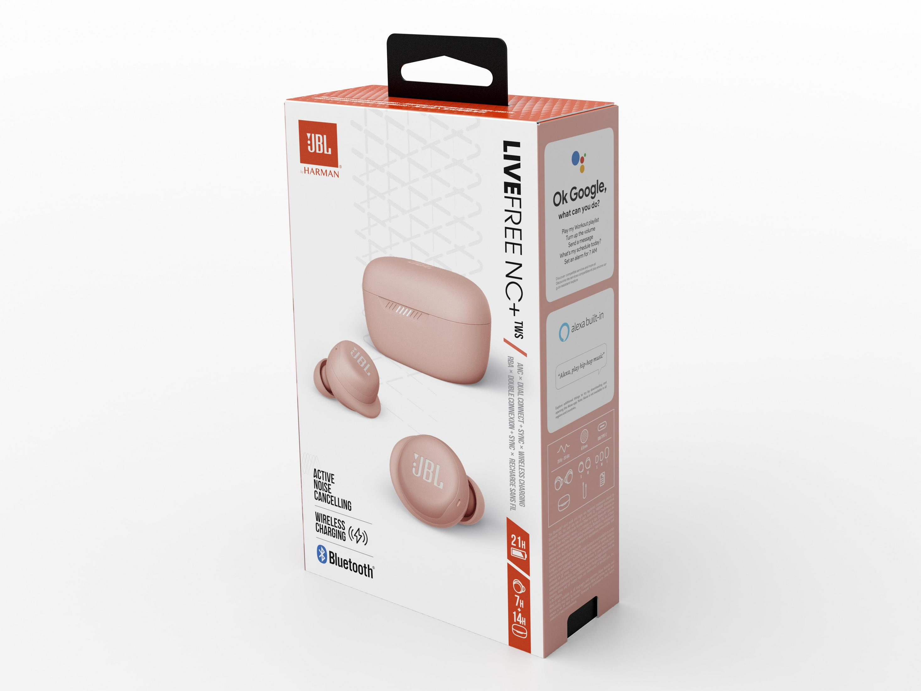 Rosa JBL kabellose Ohrhörer-Box, Ohrhörer und Etui zeigend.