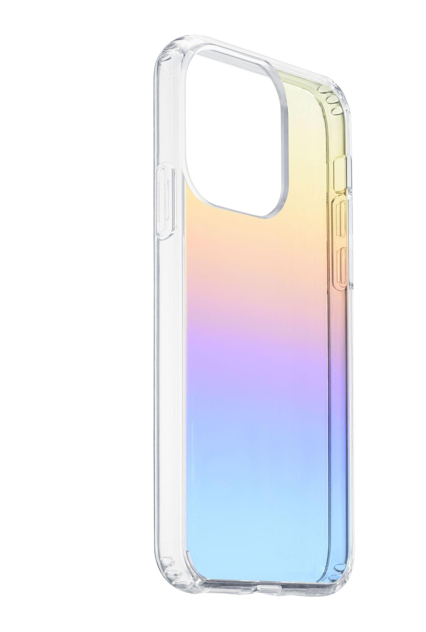 Eine Handyhülle mit einem Farbverlauf aus Gelb, Orange, Lila und Blau. Die Hülle ist transparent.