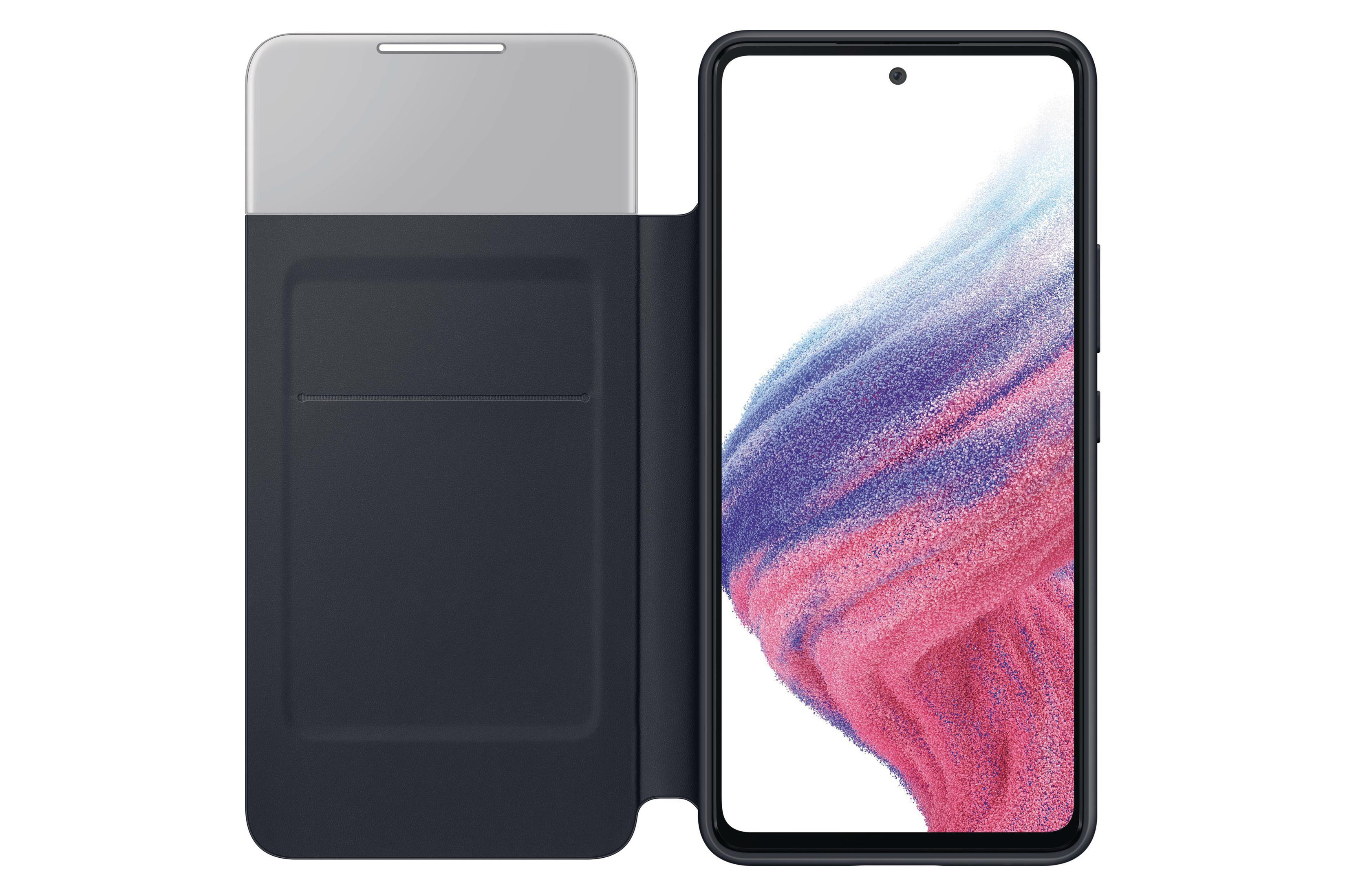 Samsung-Telefon in blauem Folio-Case, offen. Telefonbildschirm mit rosa und weißem Design.