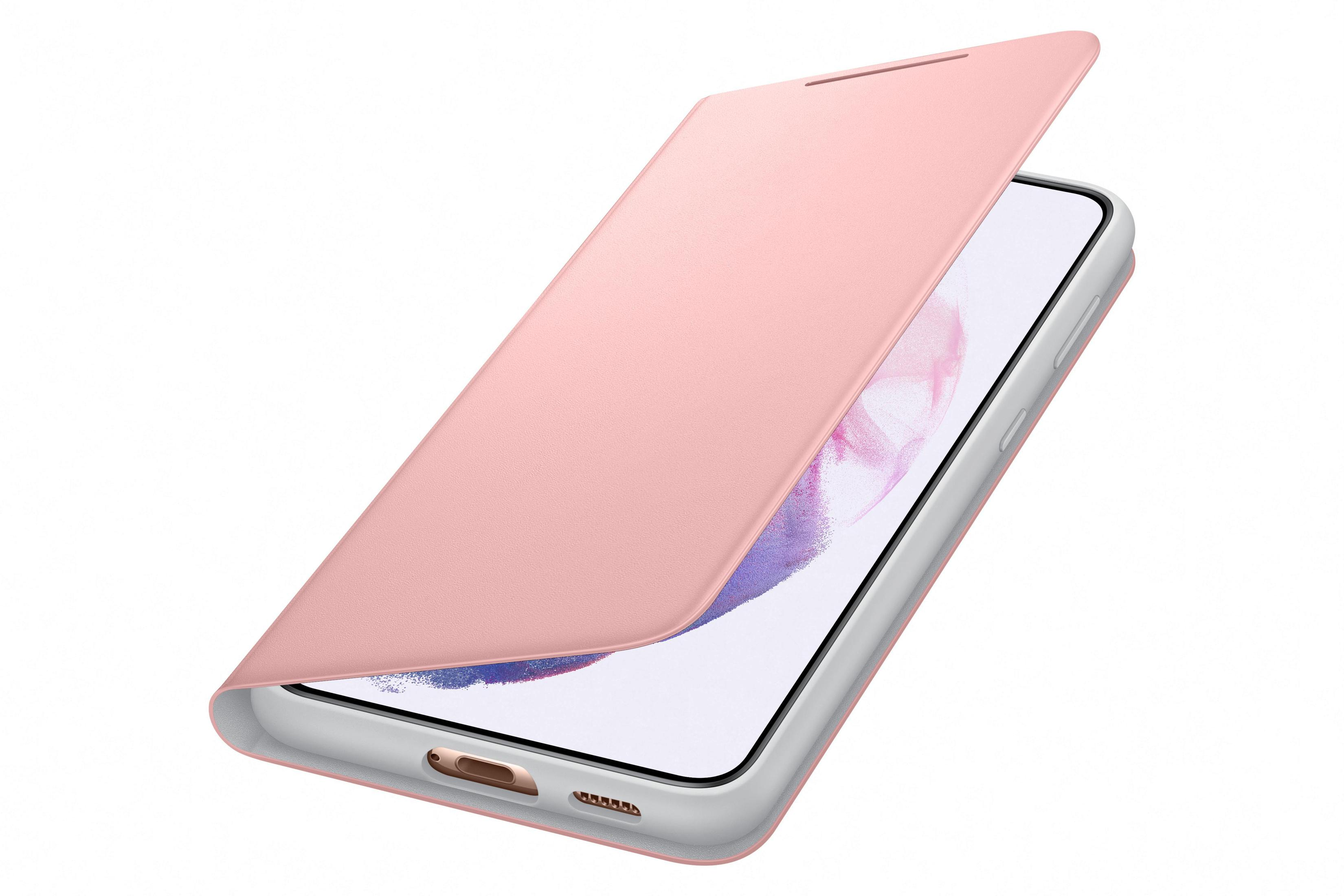 Eine rosa Handyhülle, offen, zeigt einen Smartphone-Bildschirm. Weißer Hintergrund.