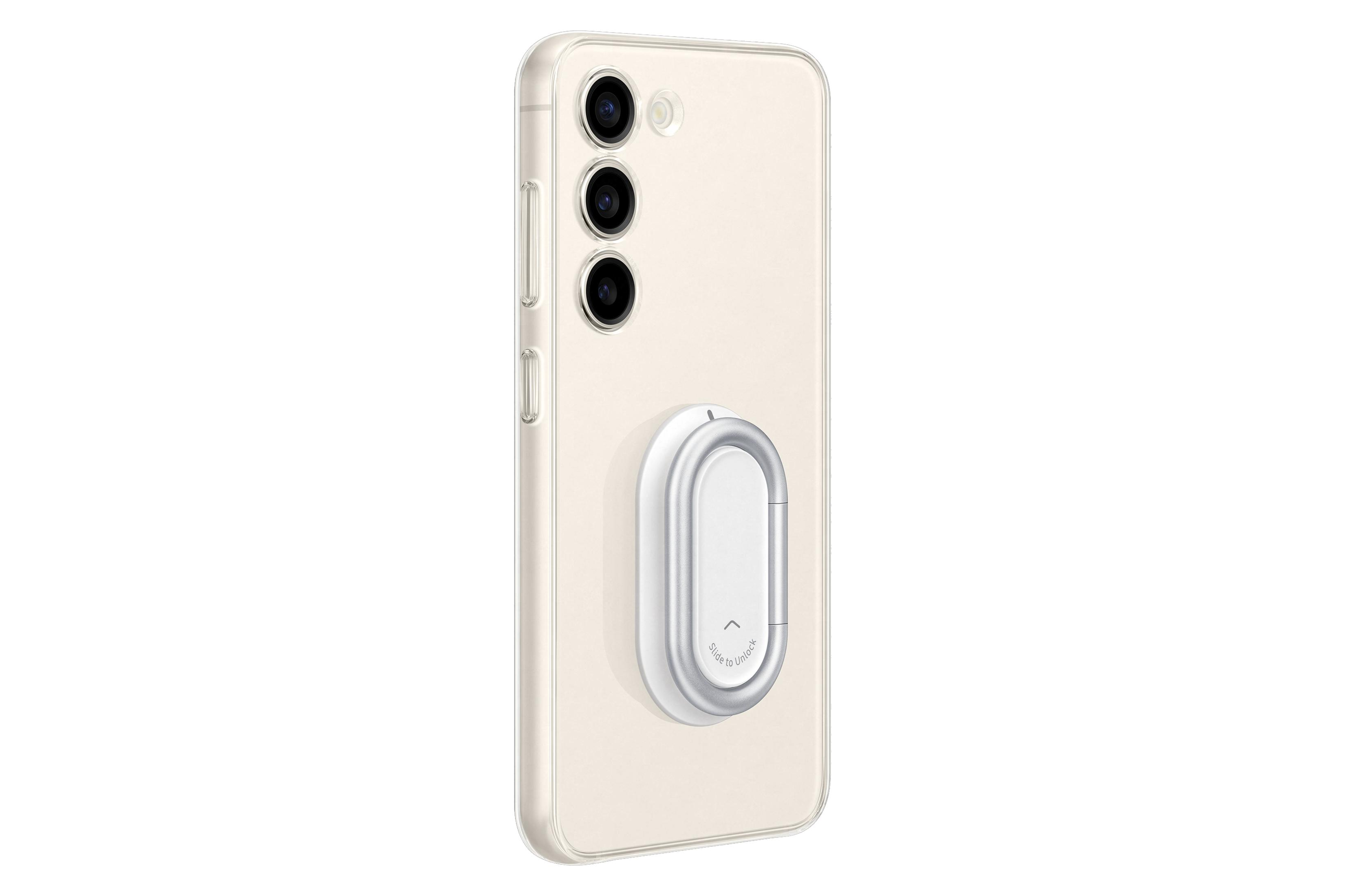 Een lichtbeige smartphone met een witte ringhouder aan de achterkant.