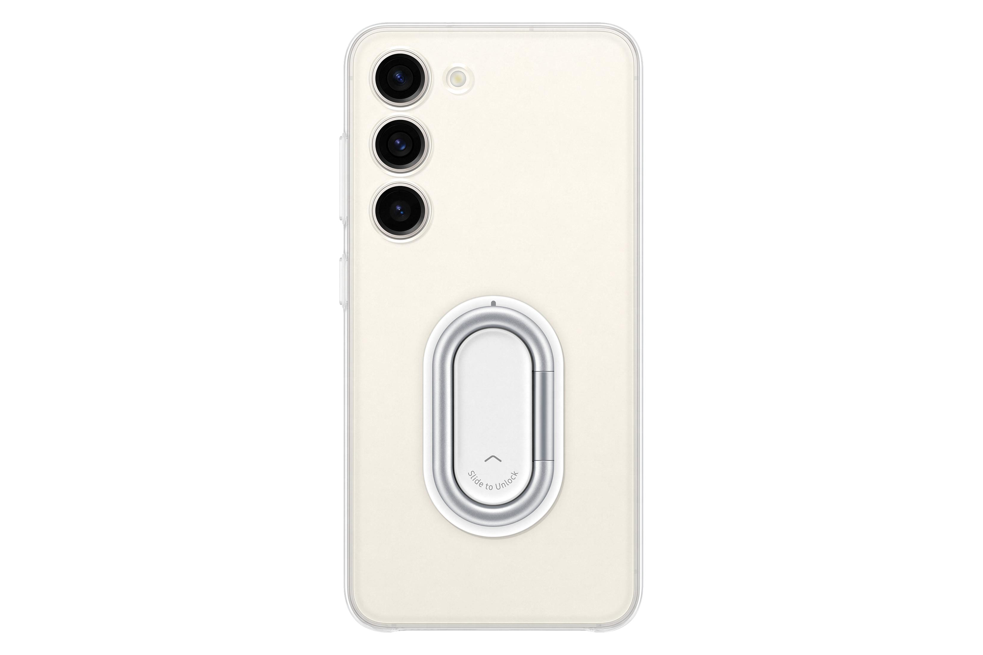 Een smartphone met een doorzichtige hoes en een zilveren ringhouder op de achterkant.