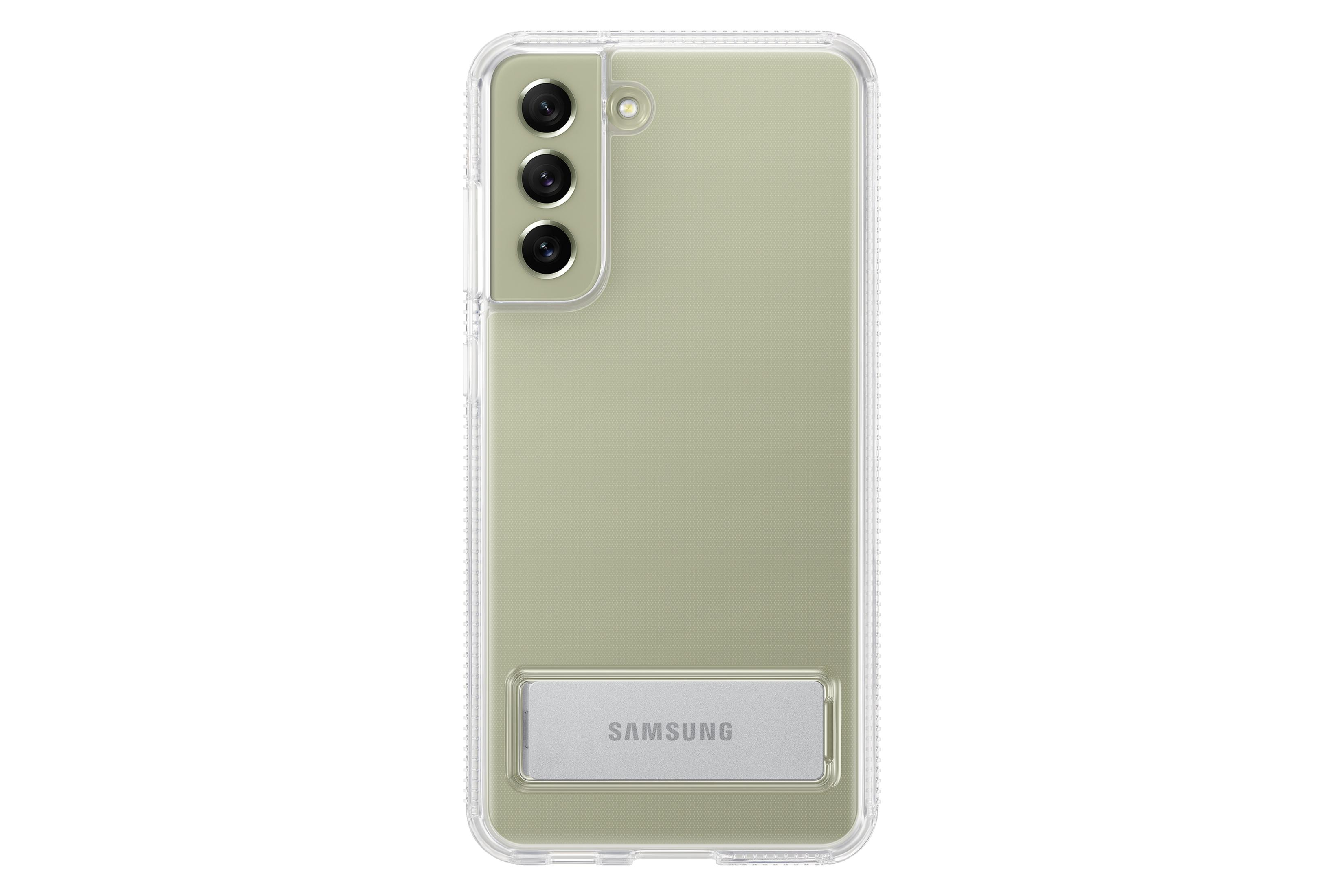 Groene Samsung telefoon in een doorzichtige hoes met een standaard op witte achtergrond.