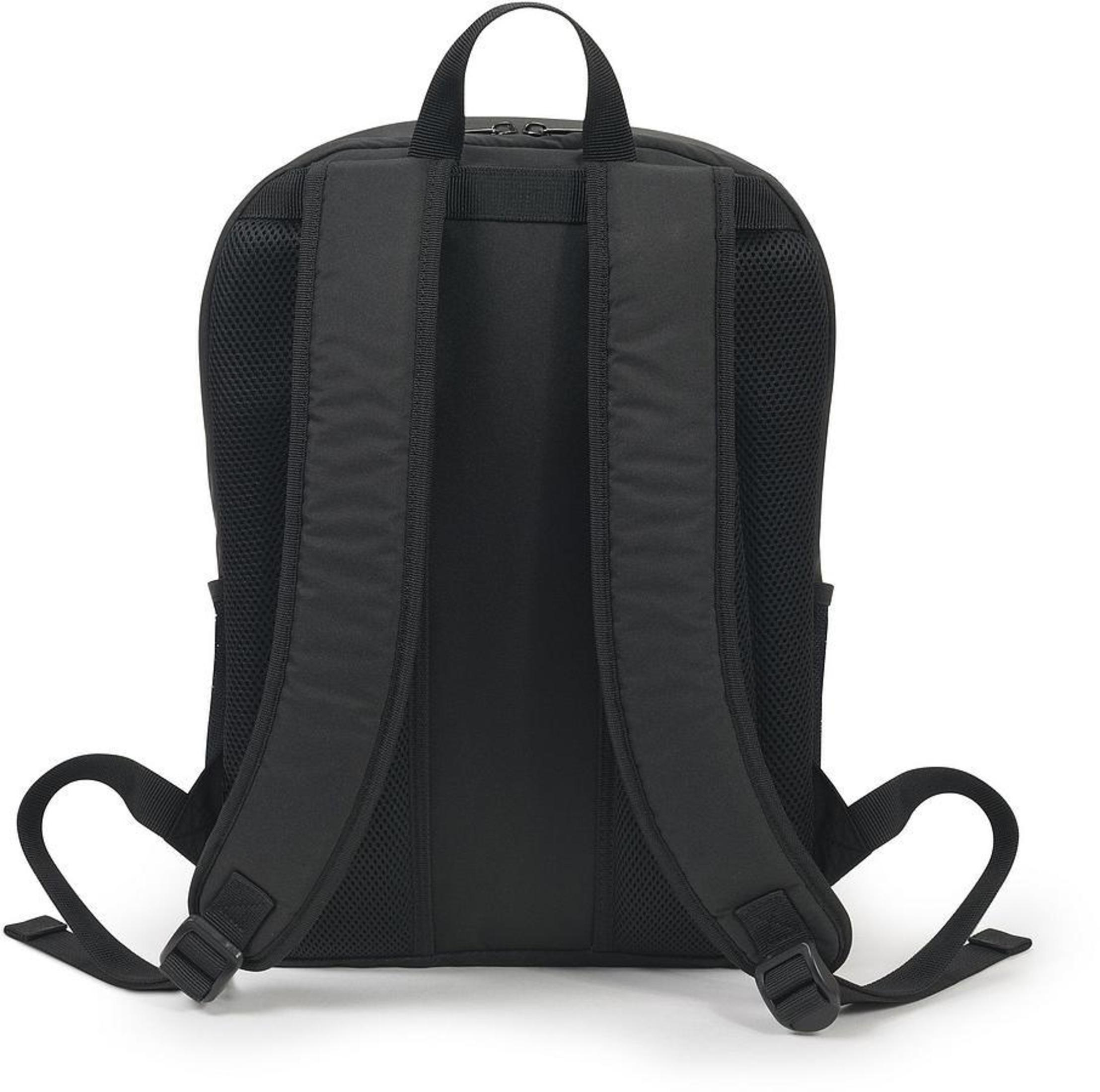Rückansicht eines schwarzen Rucksacks mit zwei Schultergurten und einem oberen Griff auf weißem Hintergrund.