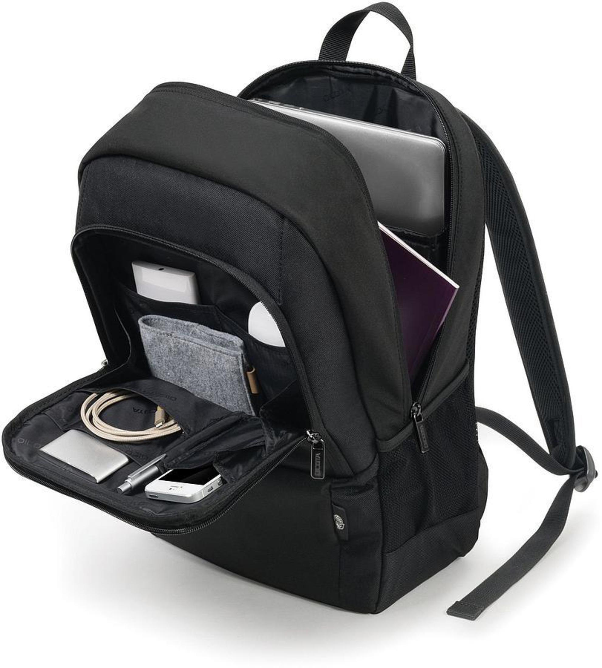 Ein schwarzer Rucksack mit offenen Fächern, die Inhalte zeigen: Laptop, Stifte usw.
