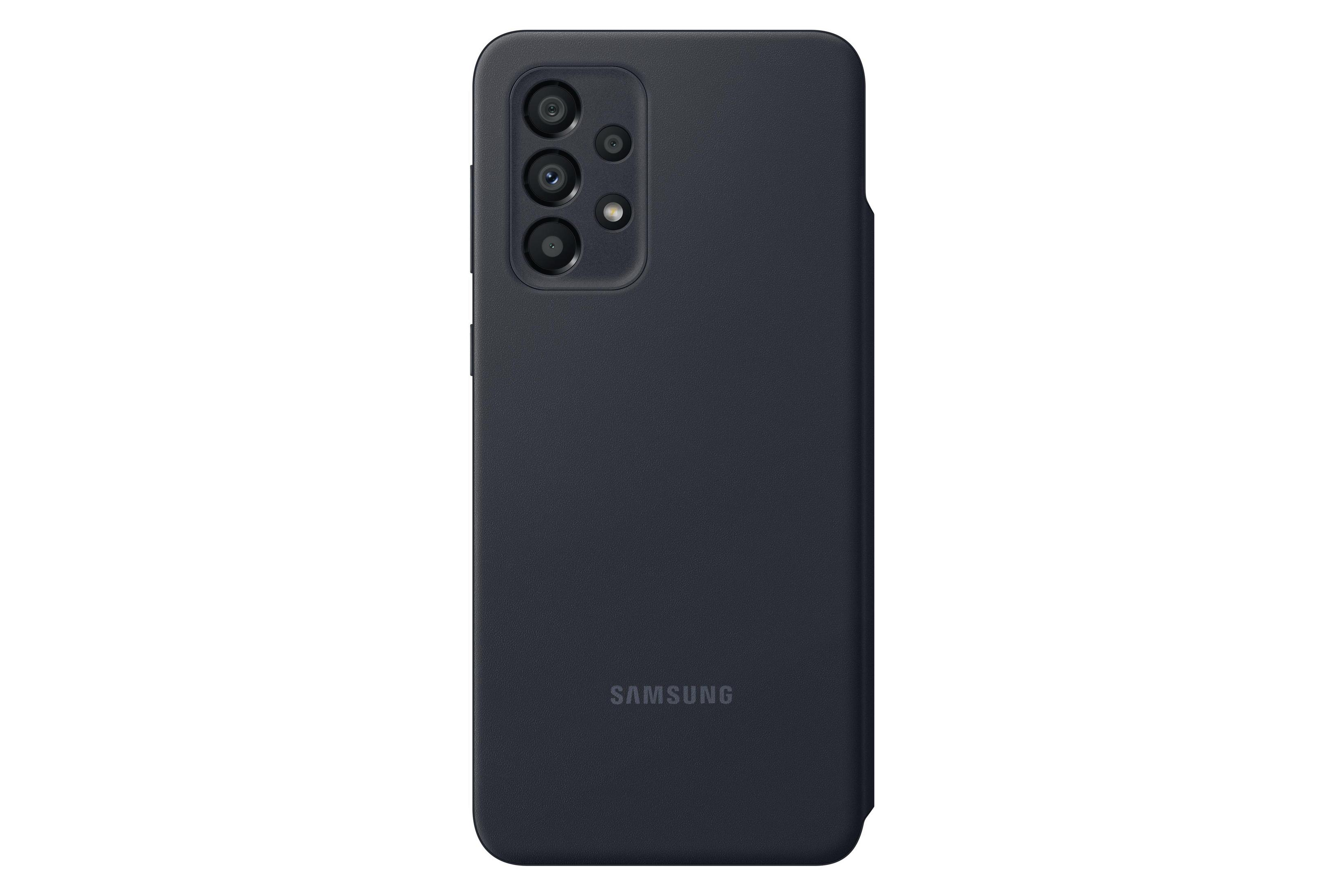 Coque de téléphone Samsung noire. Découpes pour l'appareil photo à l'arrière. Logo Samsung en bas.