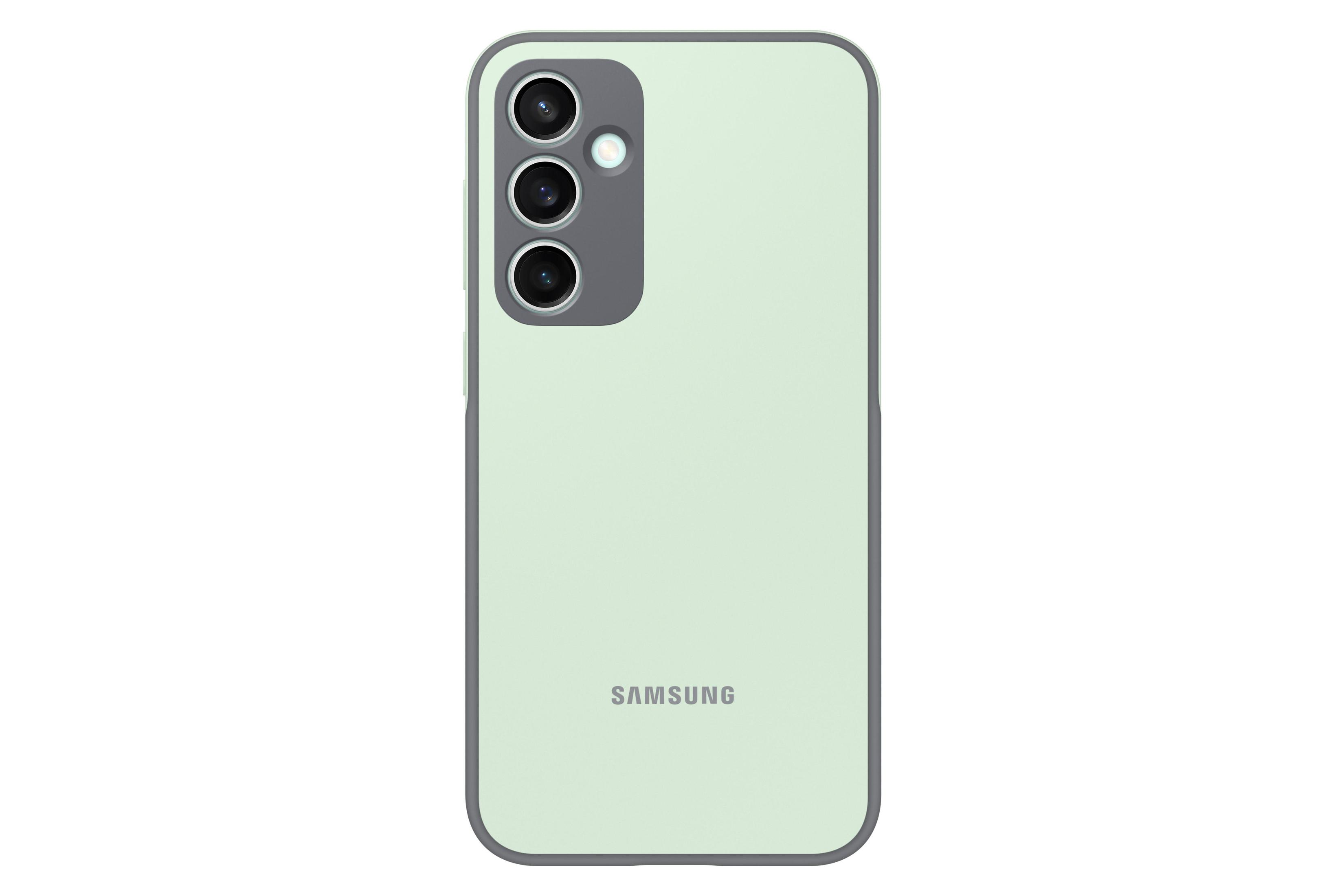 La parte trasera de una funda de teléfono Samsung verde menta con barra de cámara gris y el logotipo de Samsung.