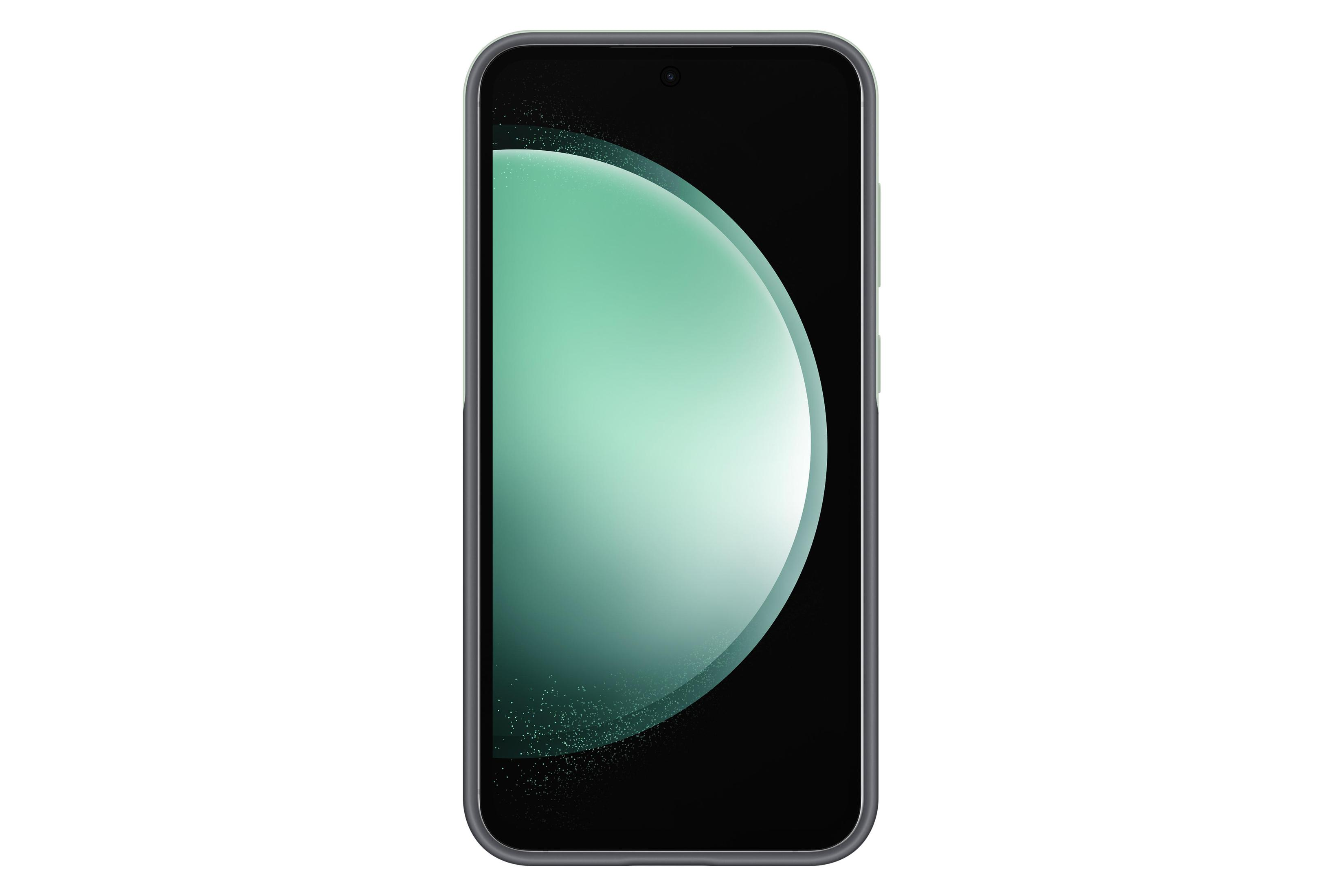 Un smartphone con pantalla verde y negra, aislado sobre un fondo blanco.