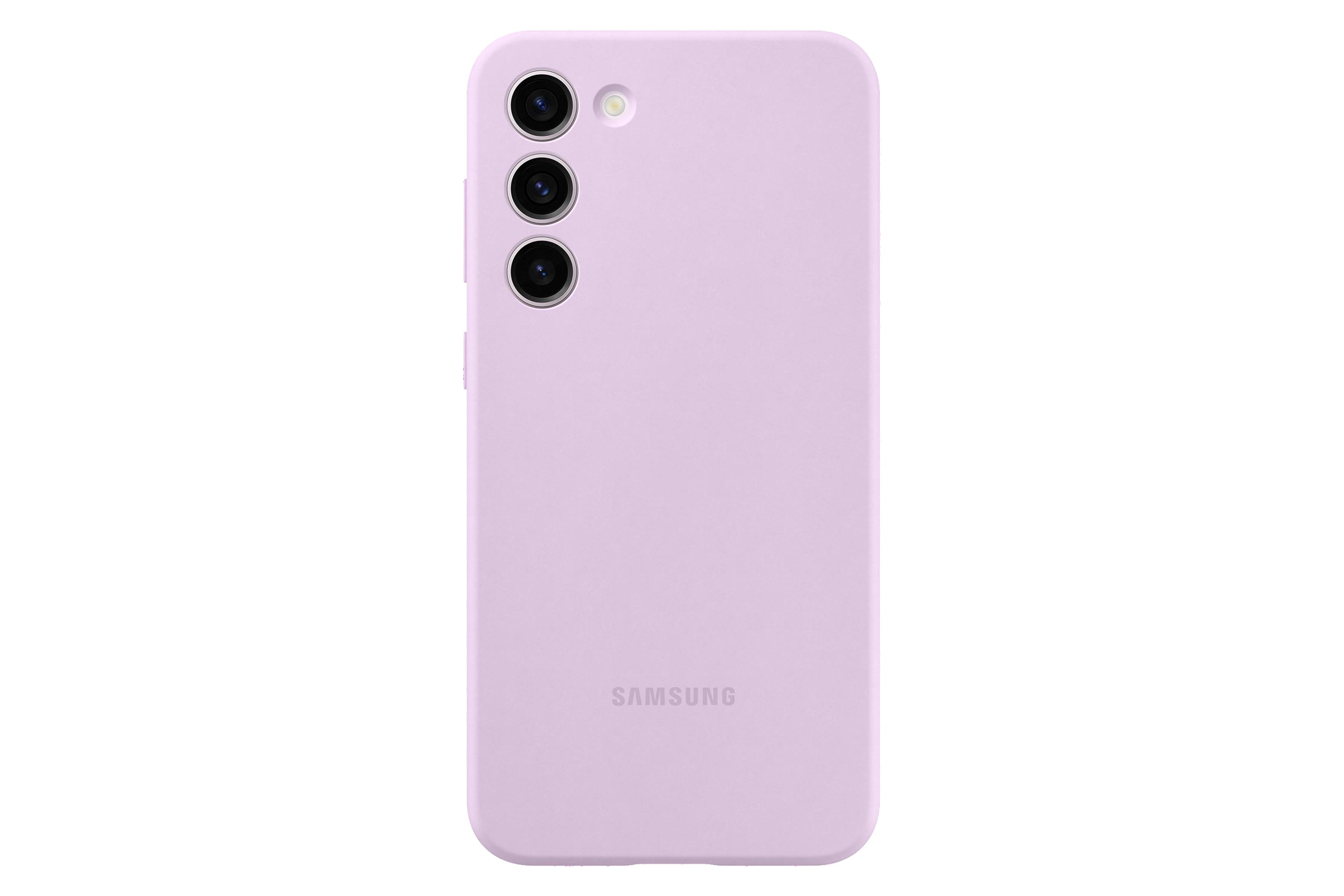 Jasnofioletowy telefon z trzema tylnymi aparatami. Białe tło. Logo Samsung na dole.
