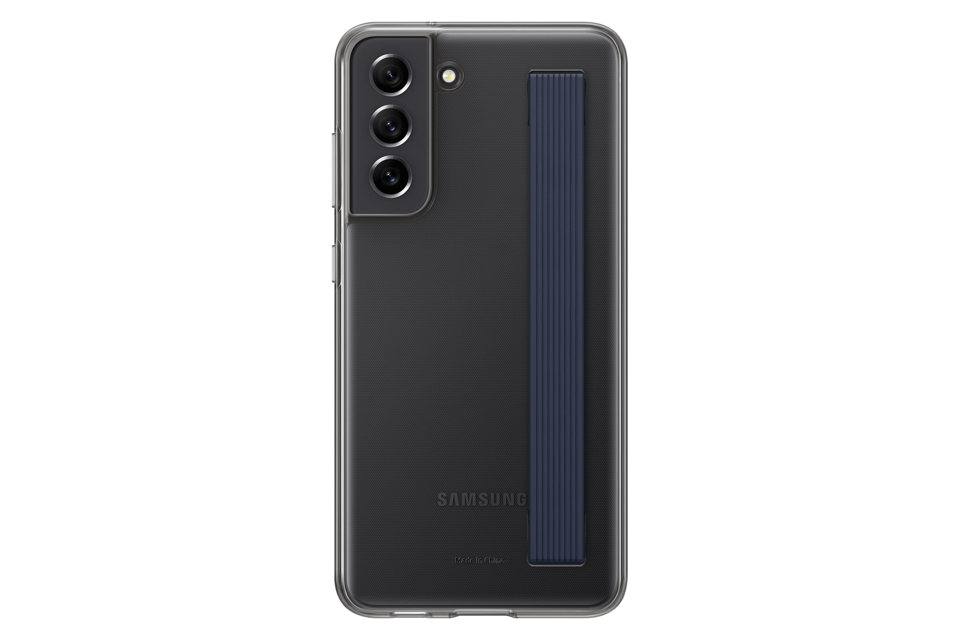 Custodia per telefono trasparente nera con cinturino blu su un telefono nero.