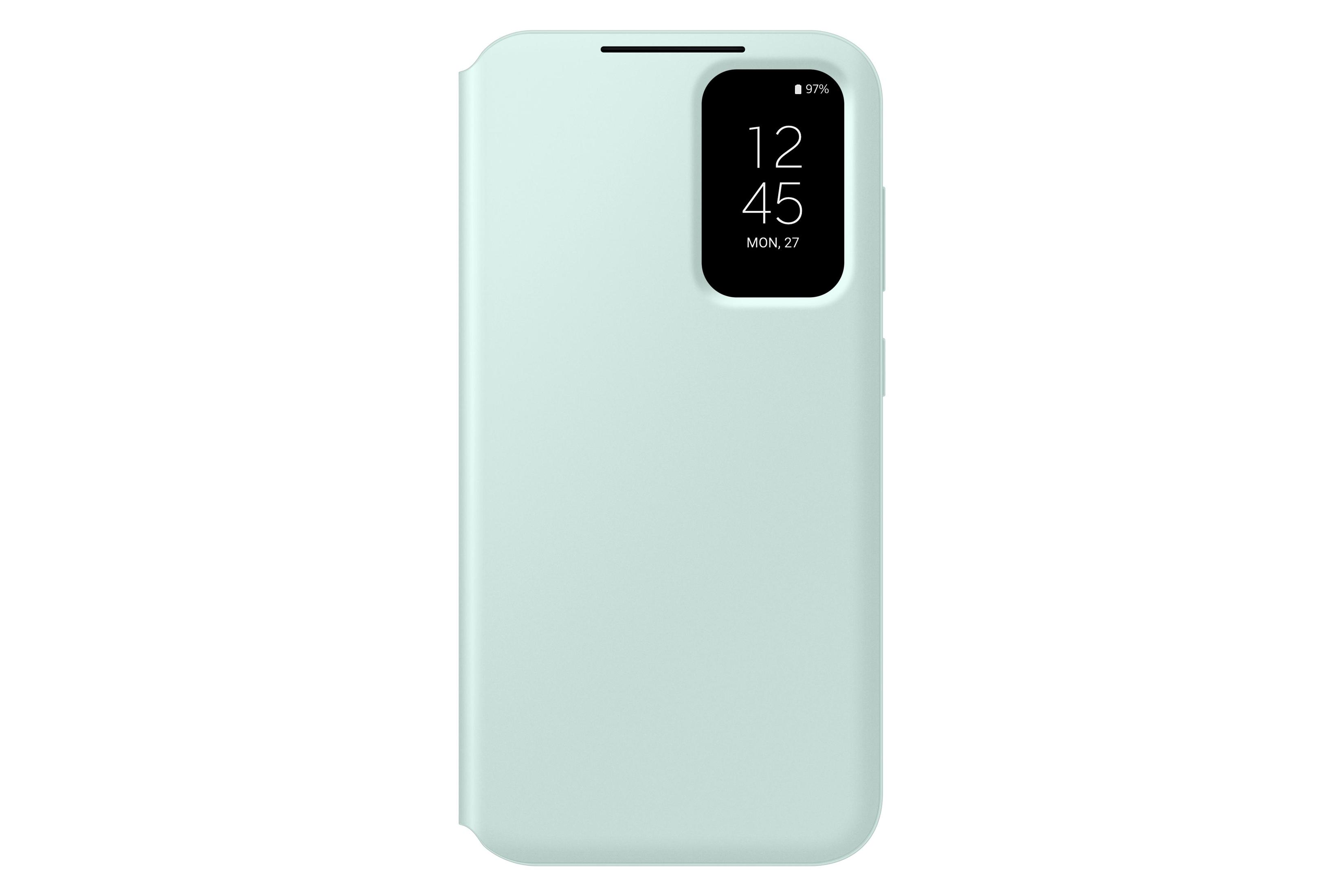 Custodia per telefono verde menta con display che mostra ora e percentuale batteria. Su sfondo bianco.