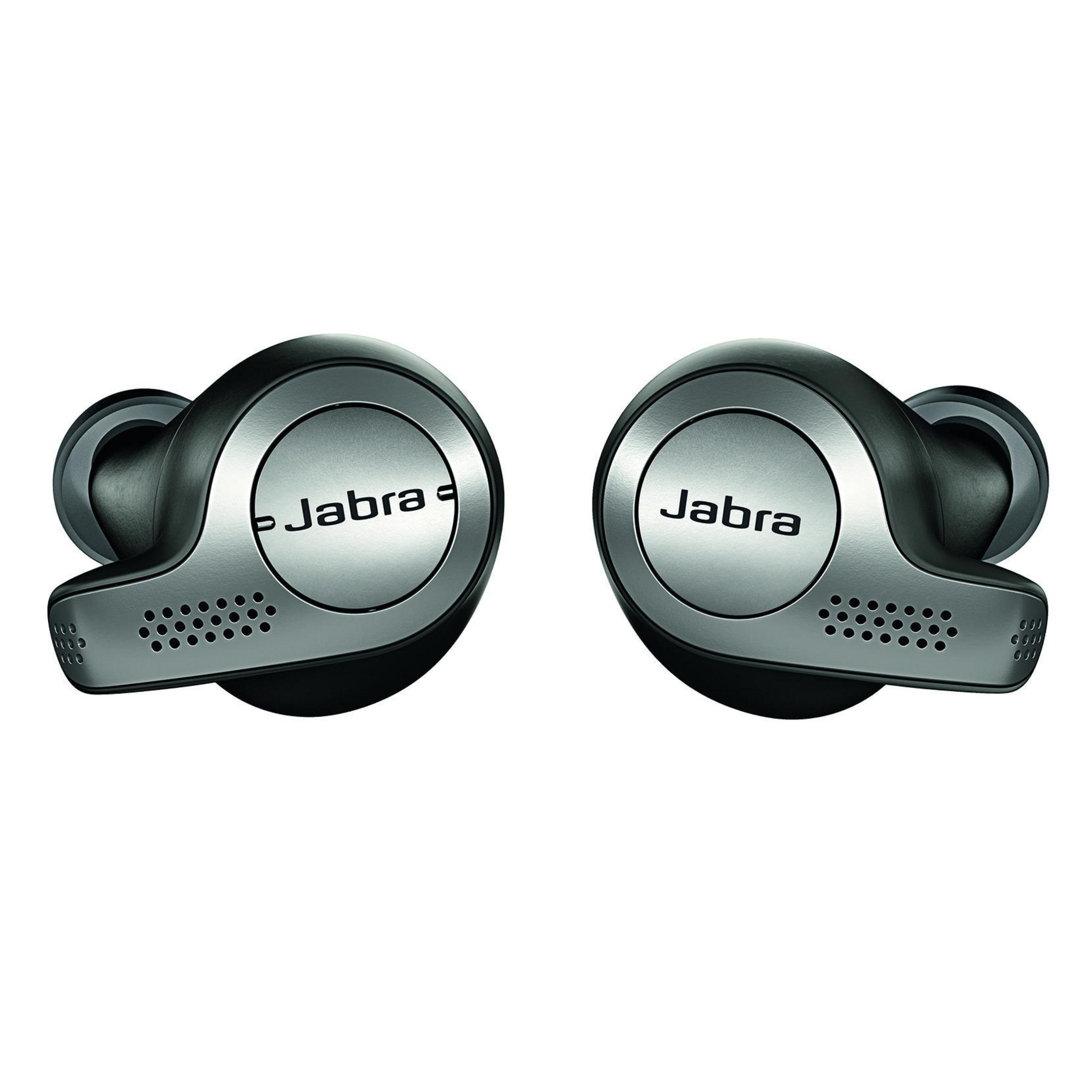 Due auricolari Jabra neri su sfondo bianco. Ognuno presenta il logo Jabra.