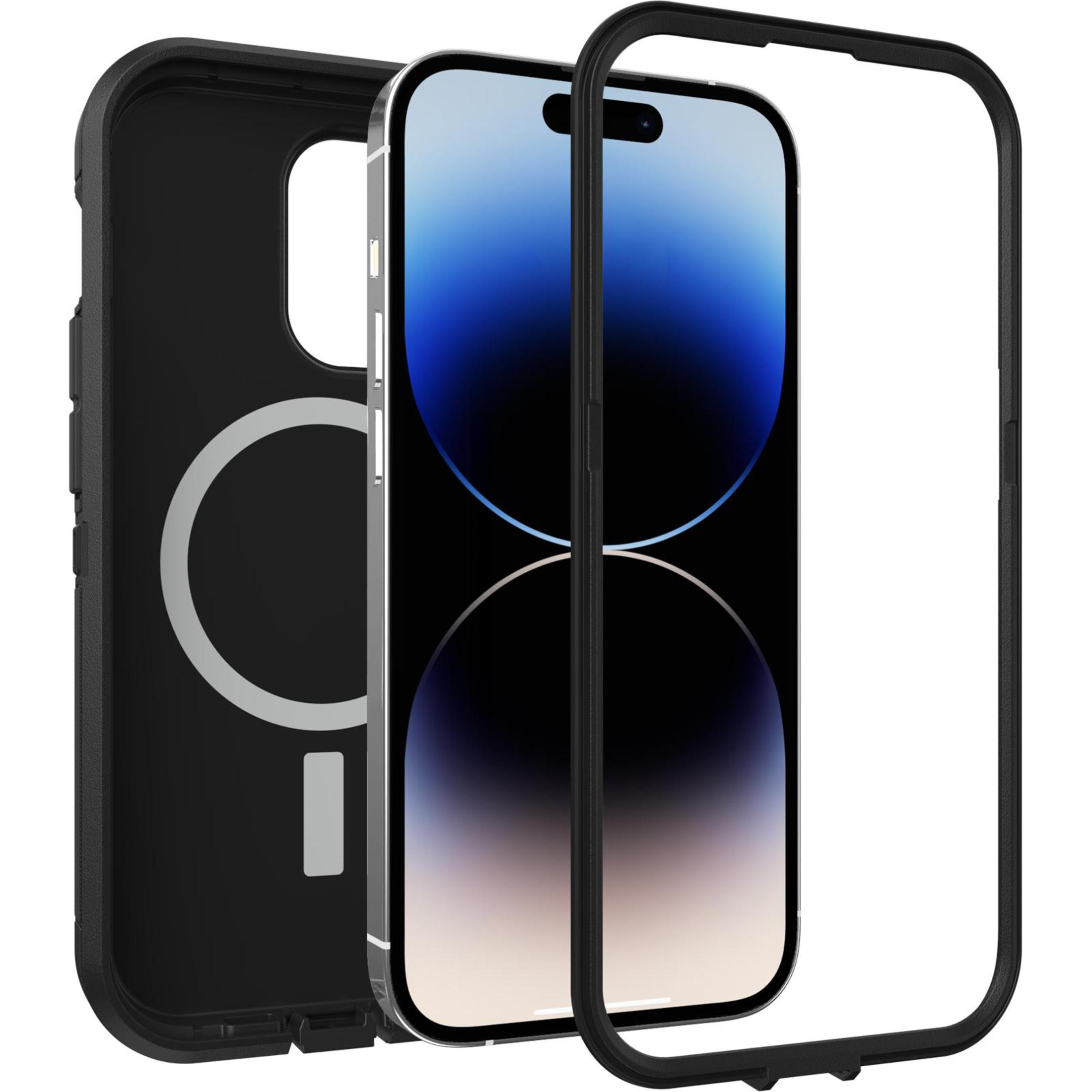 Phone in case, with separate case elements. The phone's screen is visible.