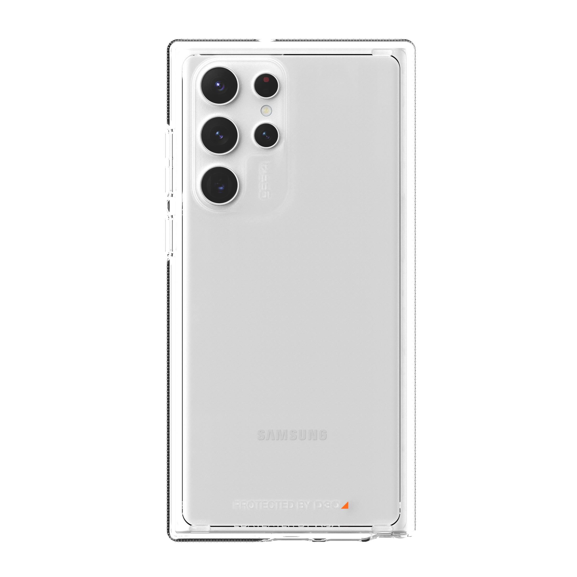 Transparente Handyhülle auf einem Samsung-Handy, mit mehreren Kameralinsen.