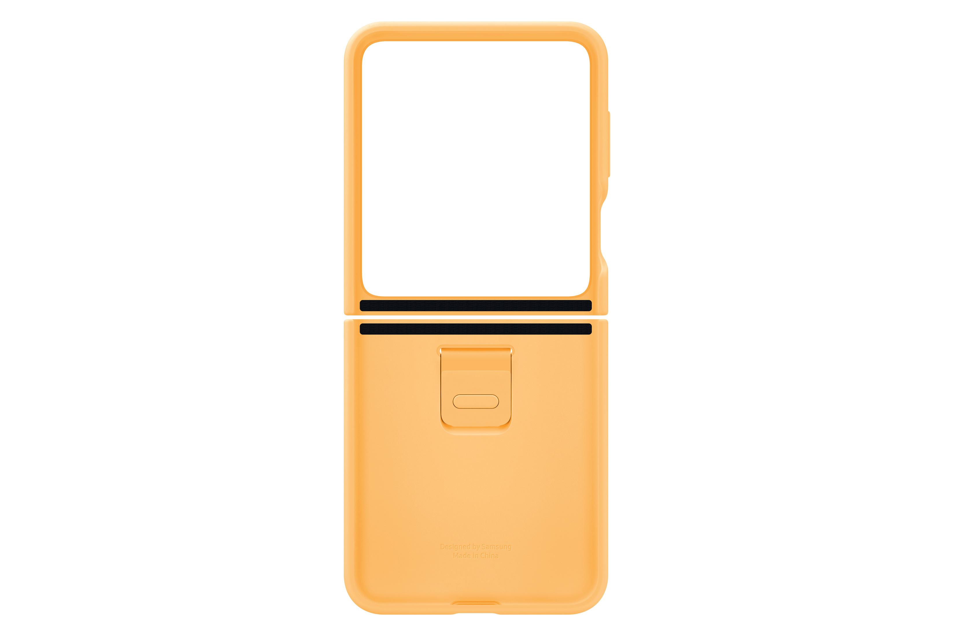 Orangefarbene Handyhülle für ein faltbares Telefon mit weißem Bildschirm. Die Hülle ist geöffnet.