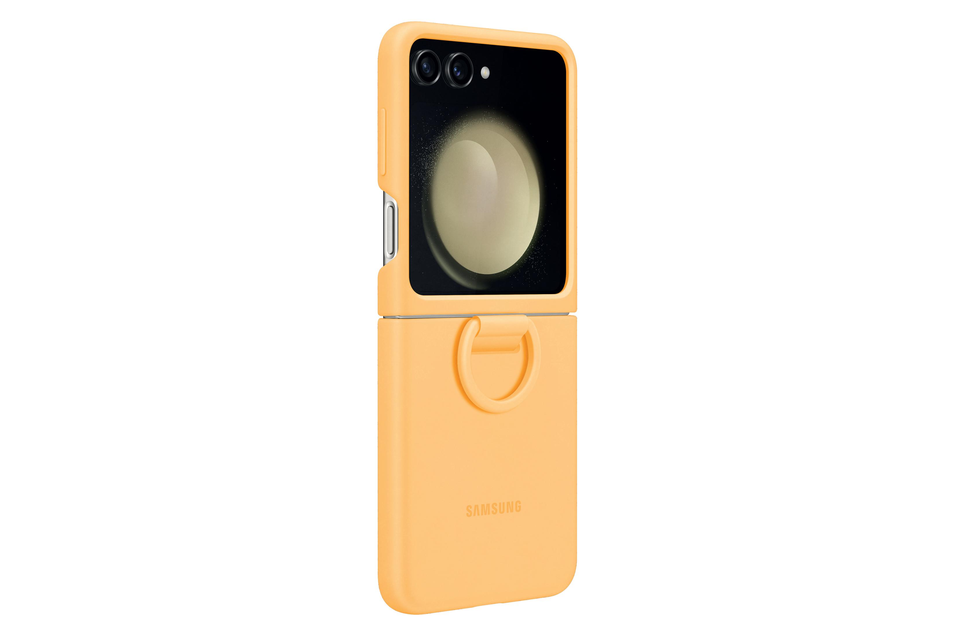 Eine offene orangefarbene Samsung-Handyhülle mit Ring. Das Telefon ist geöffnet.