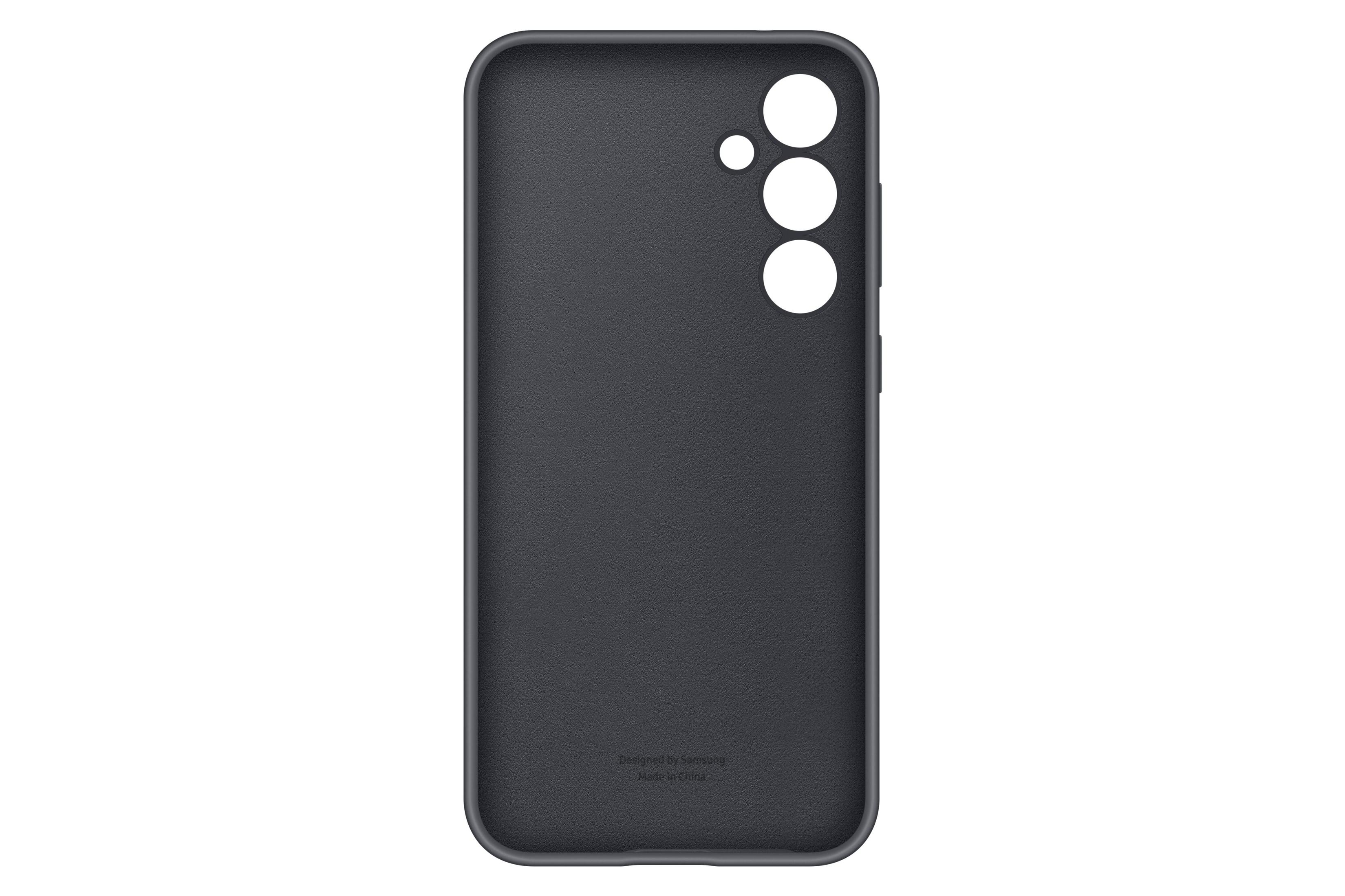 Funda de teléfono gris oscuro. El interior muestra tres recortes de cámara y el texto "Diseñado por Samsung".