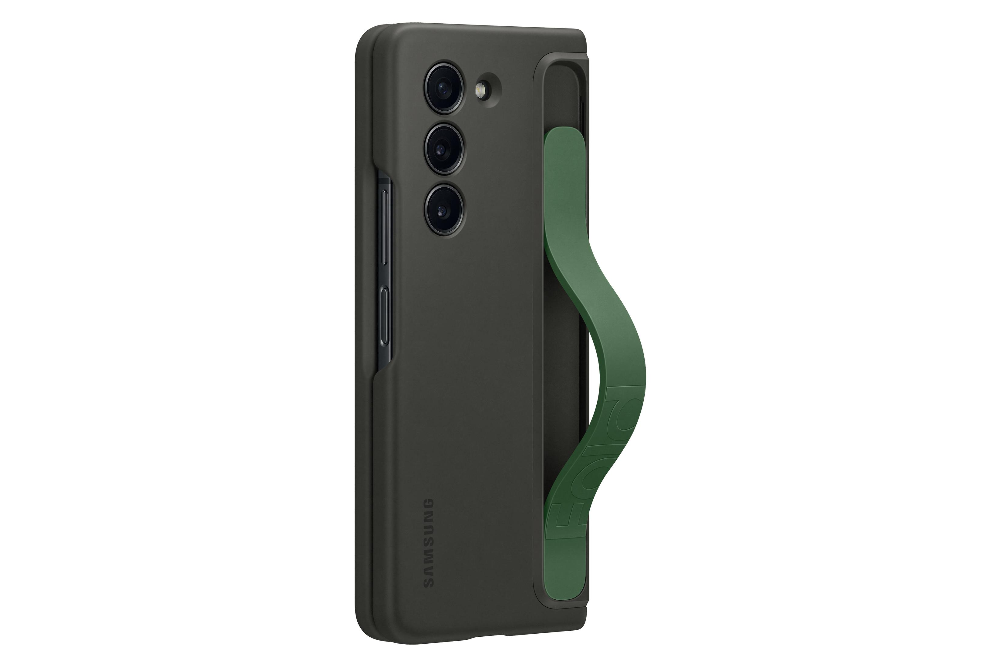Czarne etui na telefon z zielonym paskiem, prezentujące złożony telefon.