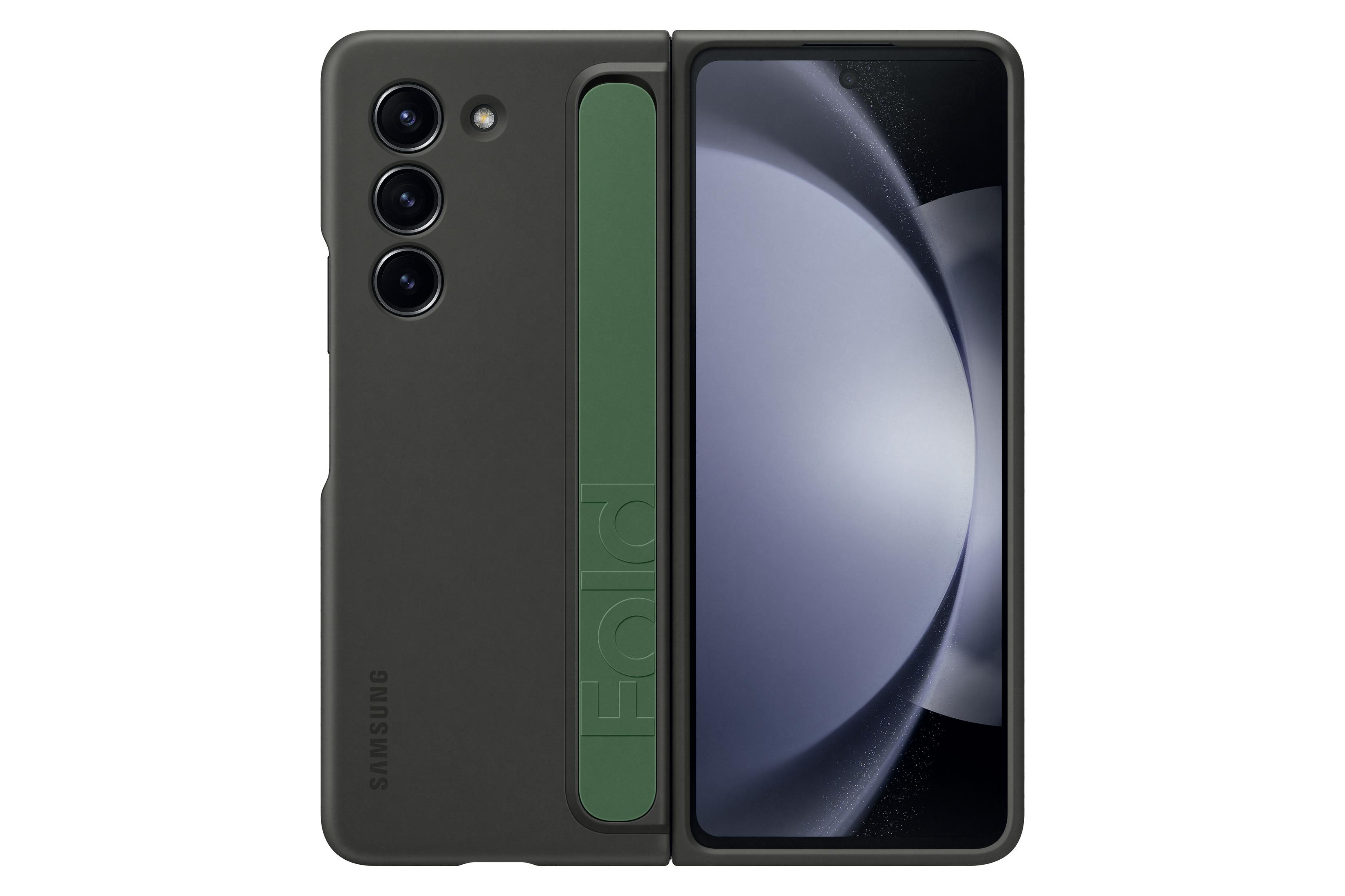 Ciemnozielony telefon Samsung, otwarty, z trzema aparatami. Ma zielony pasek.