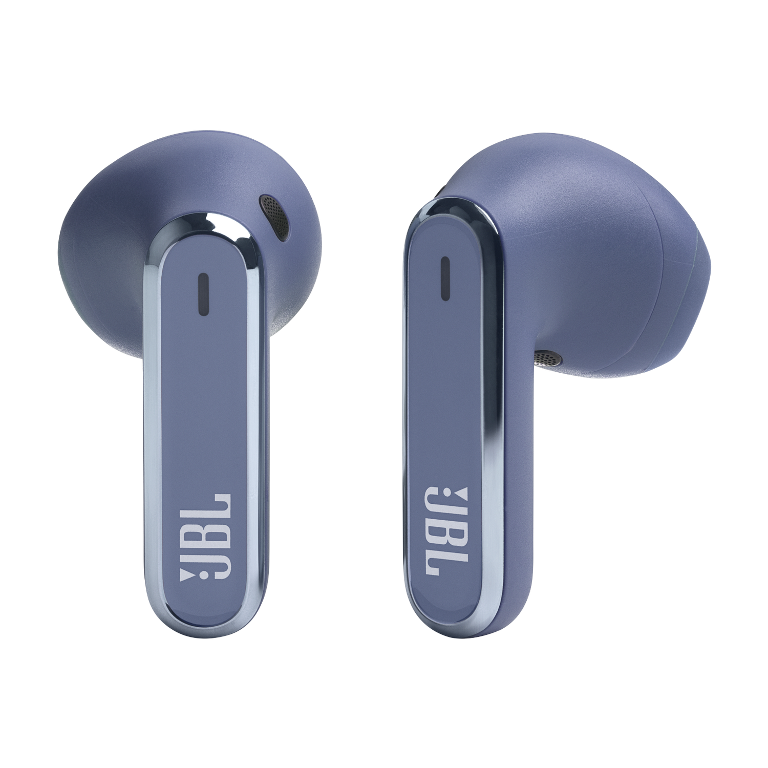 Auricolari wireless JBL blu, con dettagli argentati, su sfondo nero.