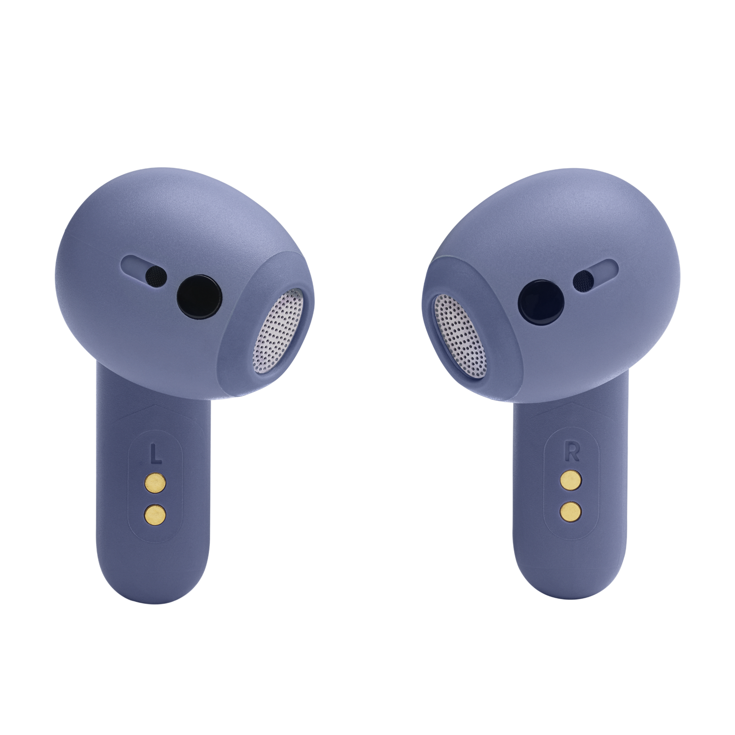 Paio di auricolari wireless JBL blu su sfondo nero.
