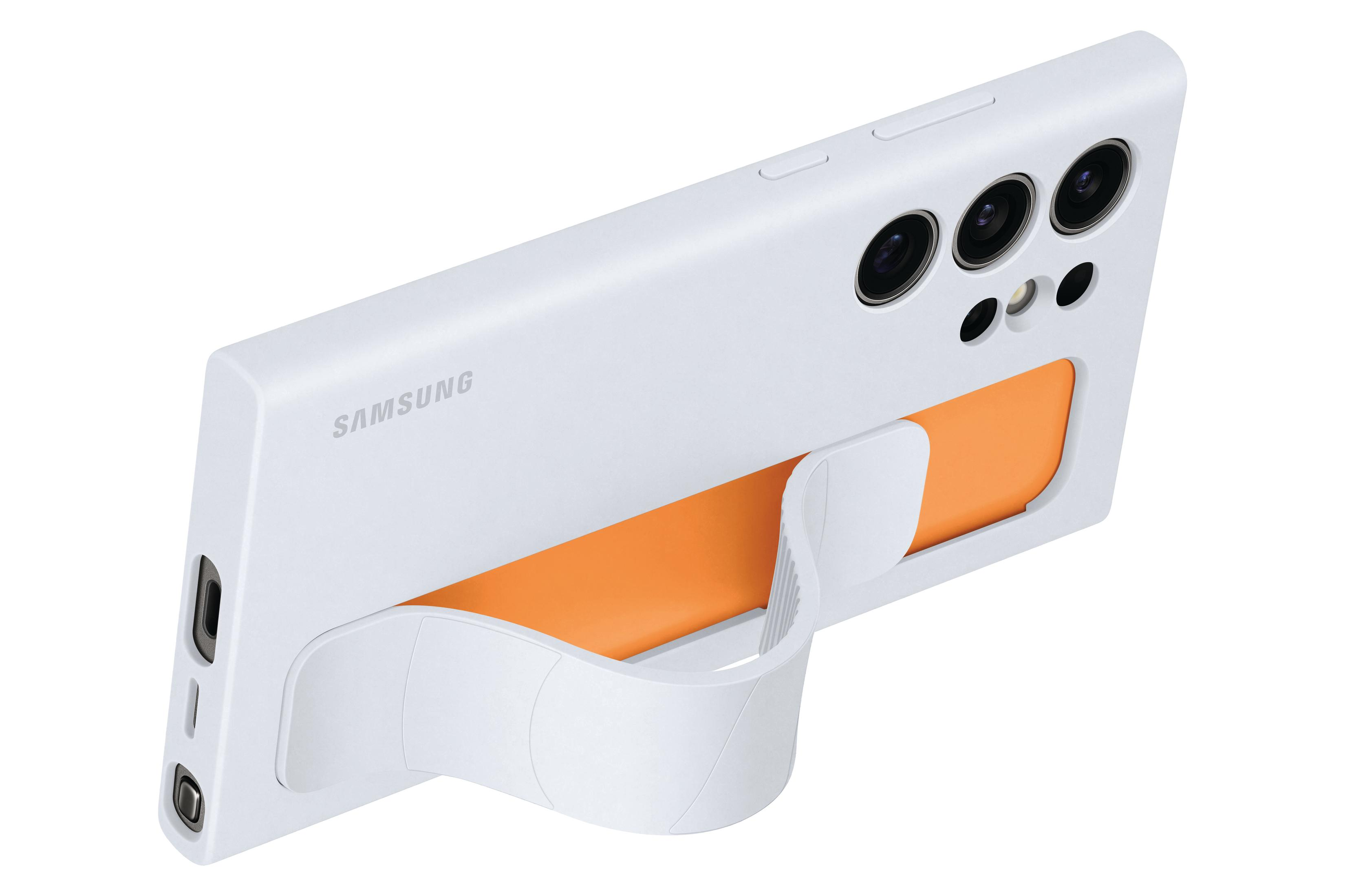 Custodia bianca per telefono con impugnatura arancione, che mostra il retro con fotocamere e logo Samsung.