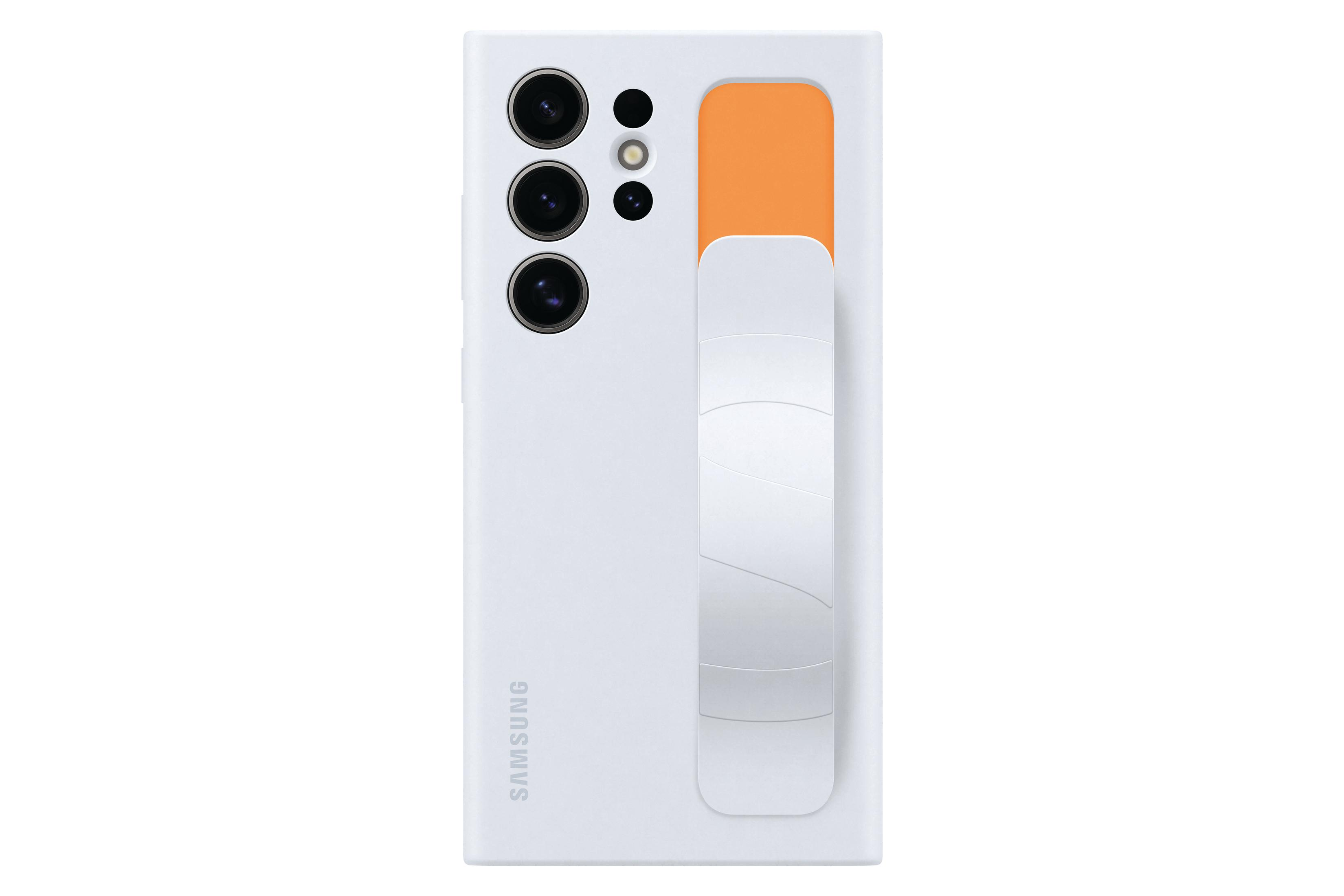 Telefono bianco con tre fotocamere e una striscia arancione. Logo Samsung visibile.
