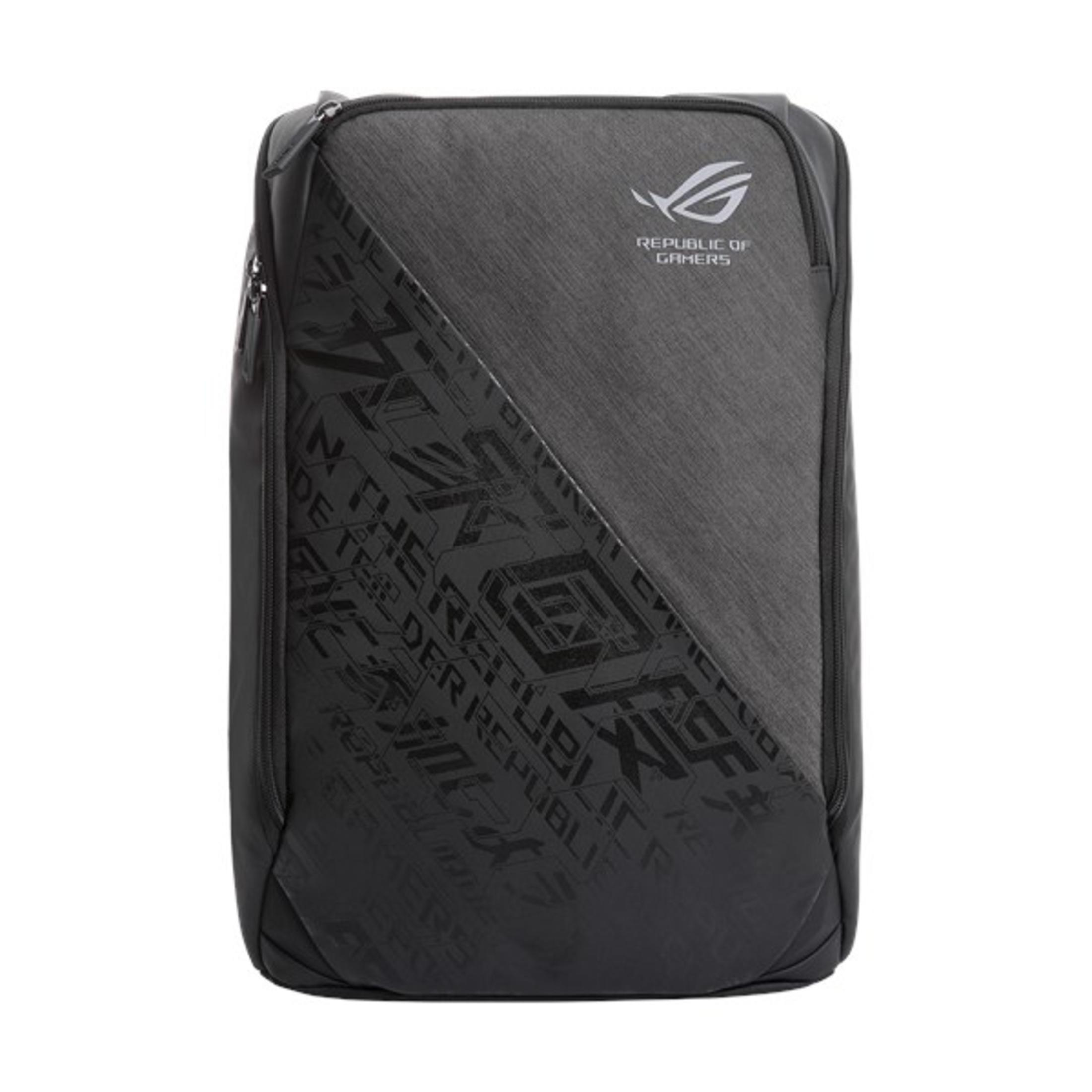 Dunkelgraue Laptoptasche mit diagonalem Design. Das Logo von Republic of Gamers ist darauf.