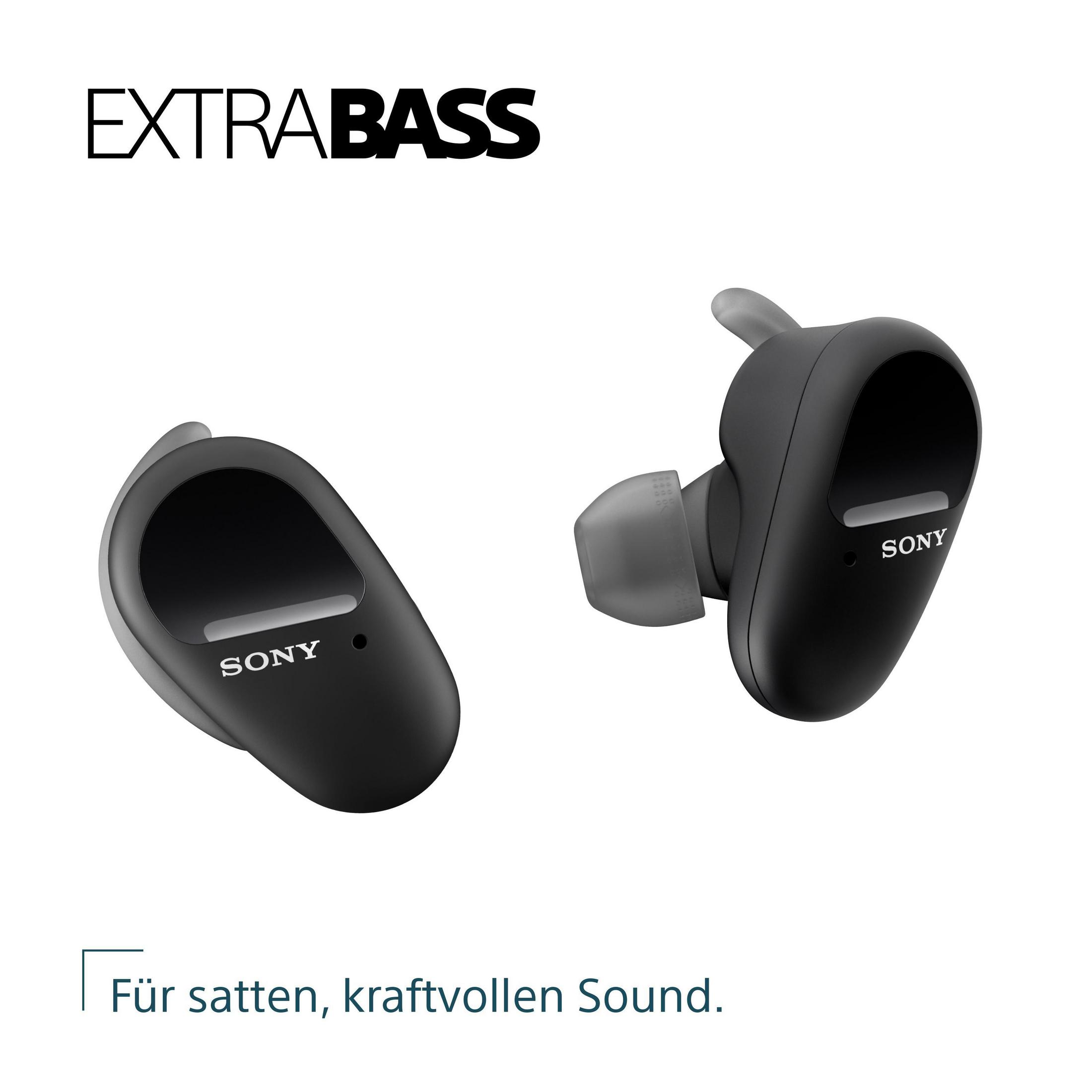 Due auricolari wireless Sony neri. Testo: EXTRA BASS e Per un suono ricco. Sfondo bianco.