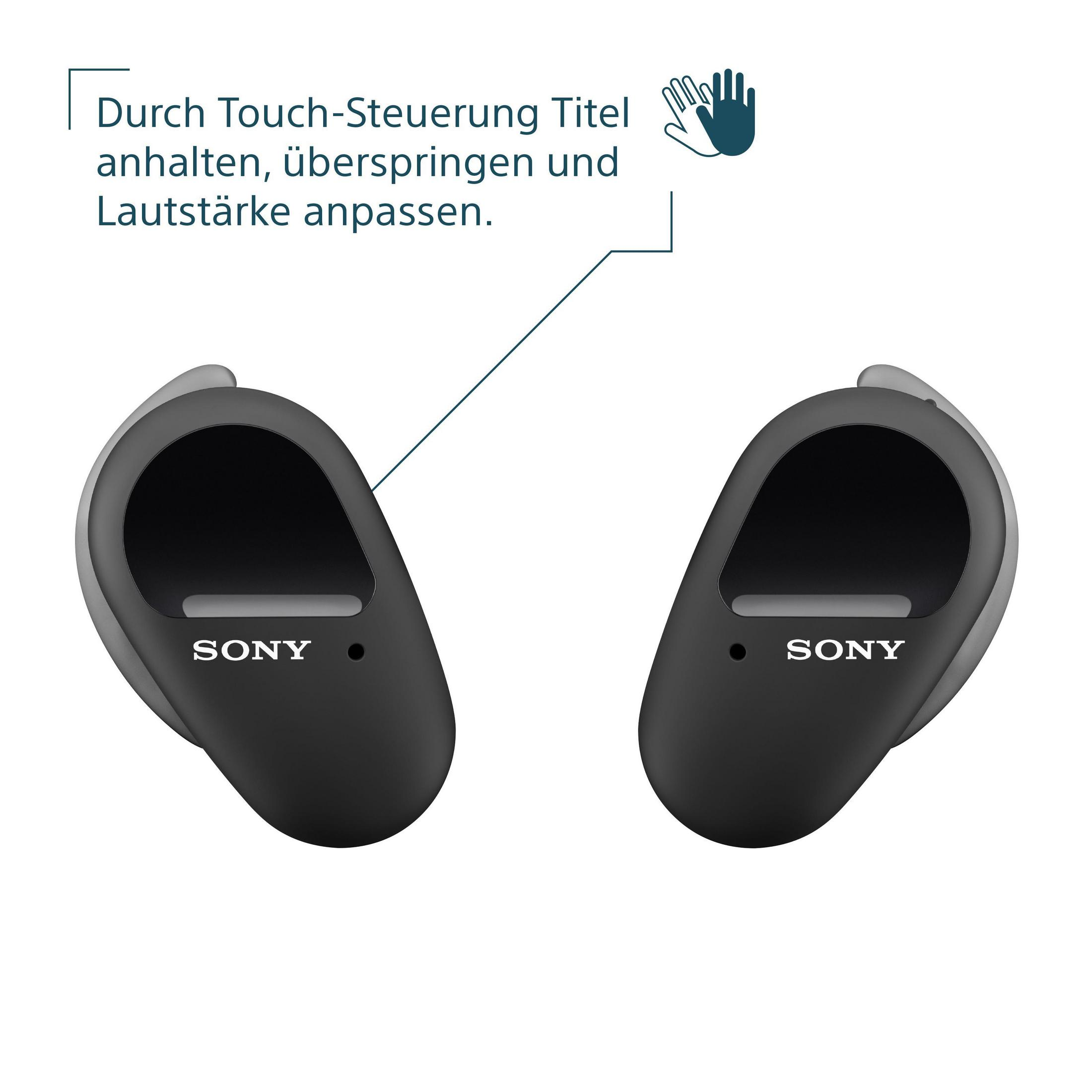 Due auricolari wireless neri con logo 'SONY'. Il testo indica le funzioni di controllo touch.