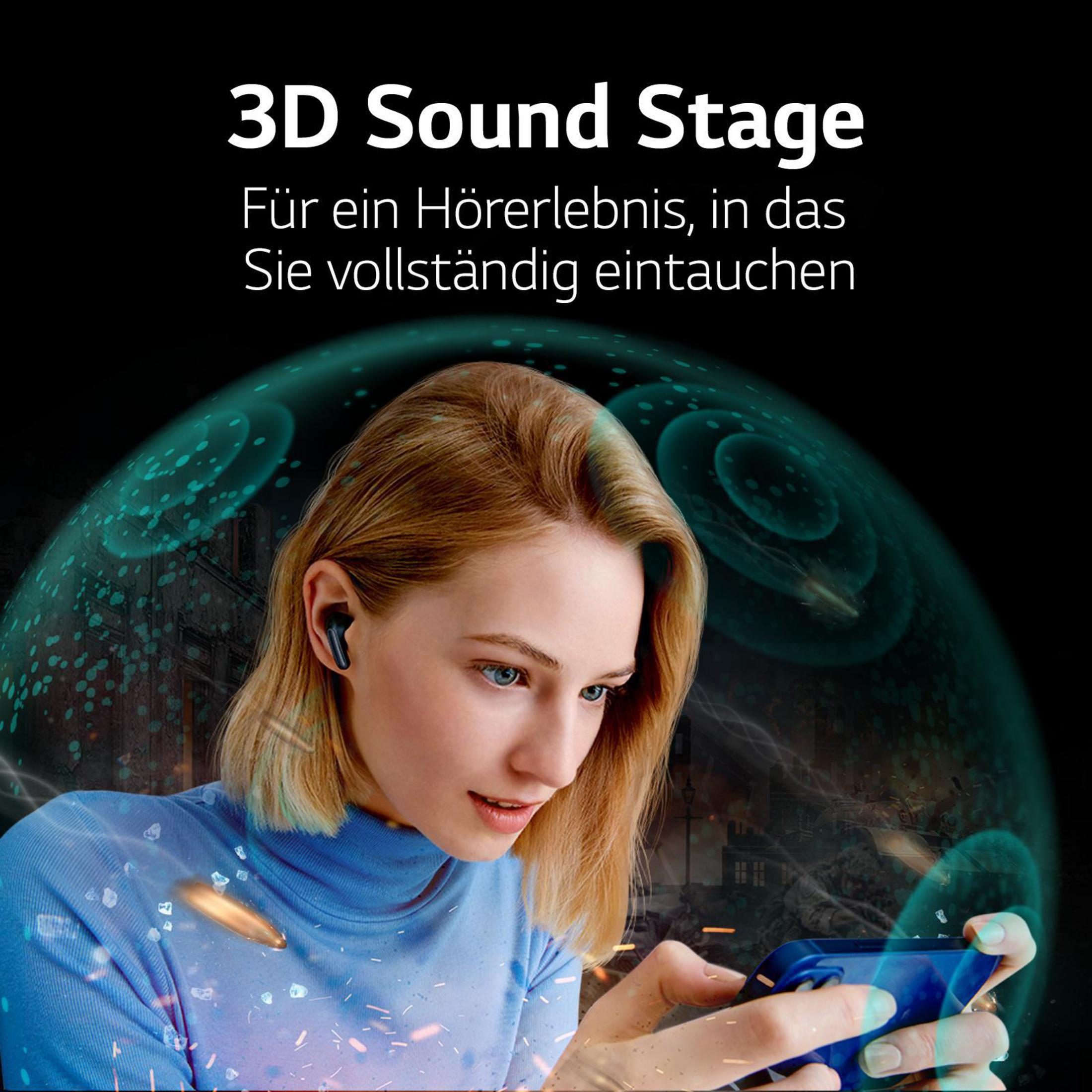 Frau mit Ohrhörern, die ein Telefon benutzt, Grafik zeigt Schallwellen.
