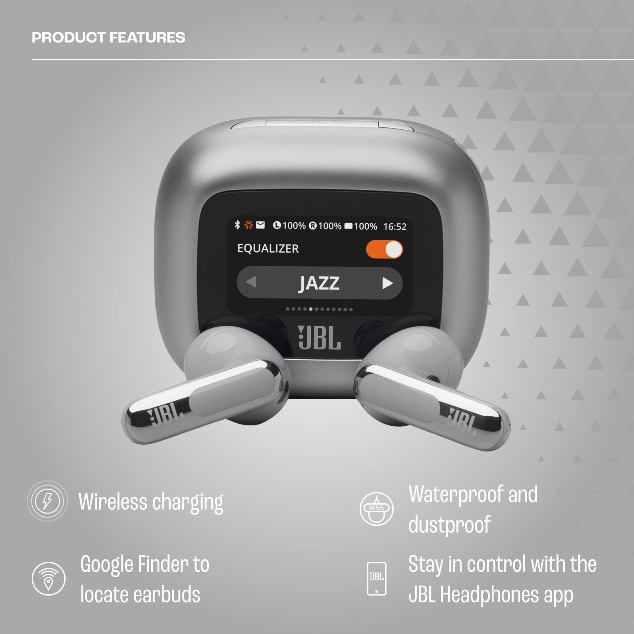 Auricolari JBL argentati con custodia di ricarica. La custodia ha uno schermo con impostazioni. Icona ricarica wireless.