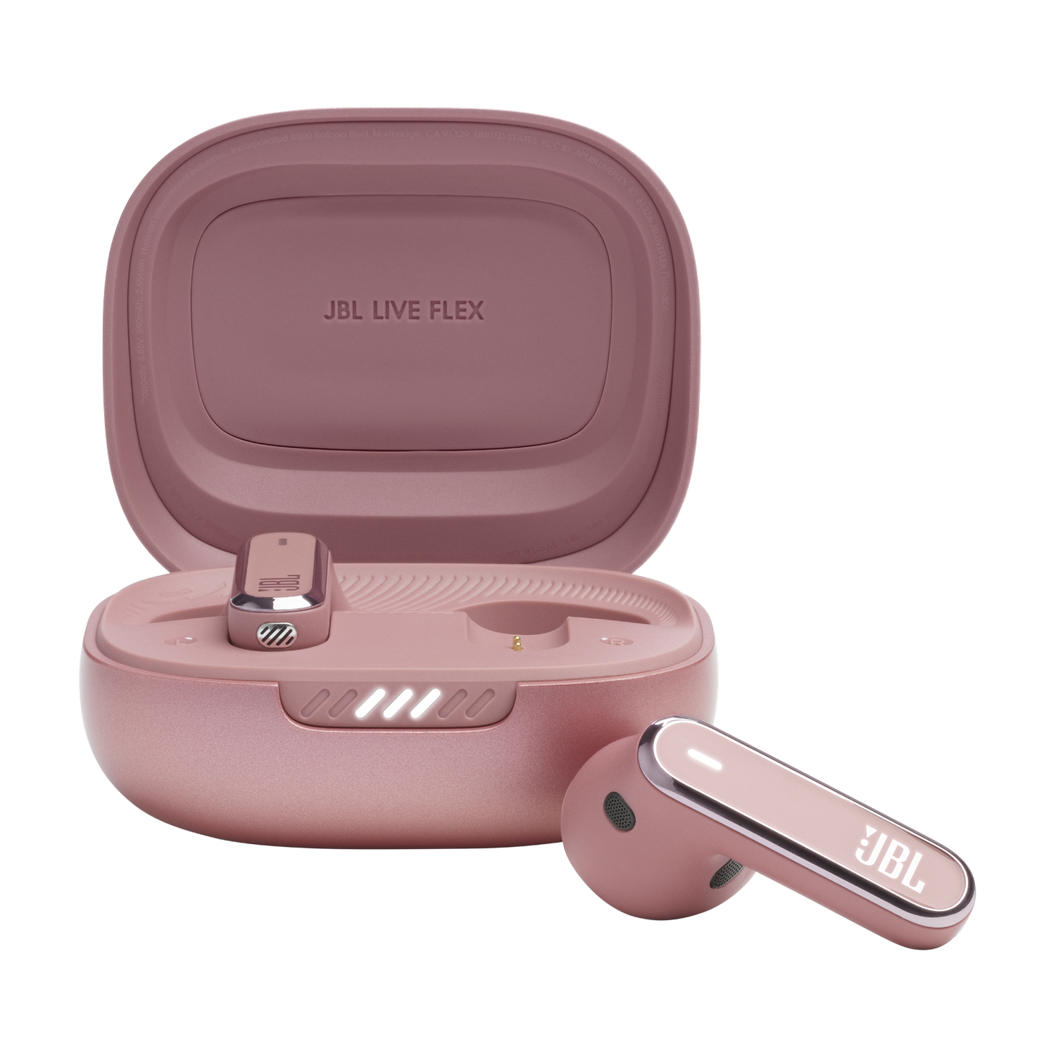 Różowe słuchawki JBL Live Flex w etui. Jedna słuchawka poza etui.