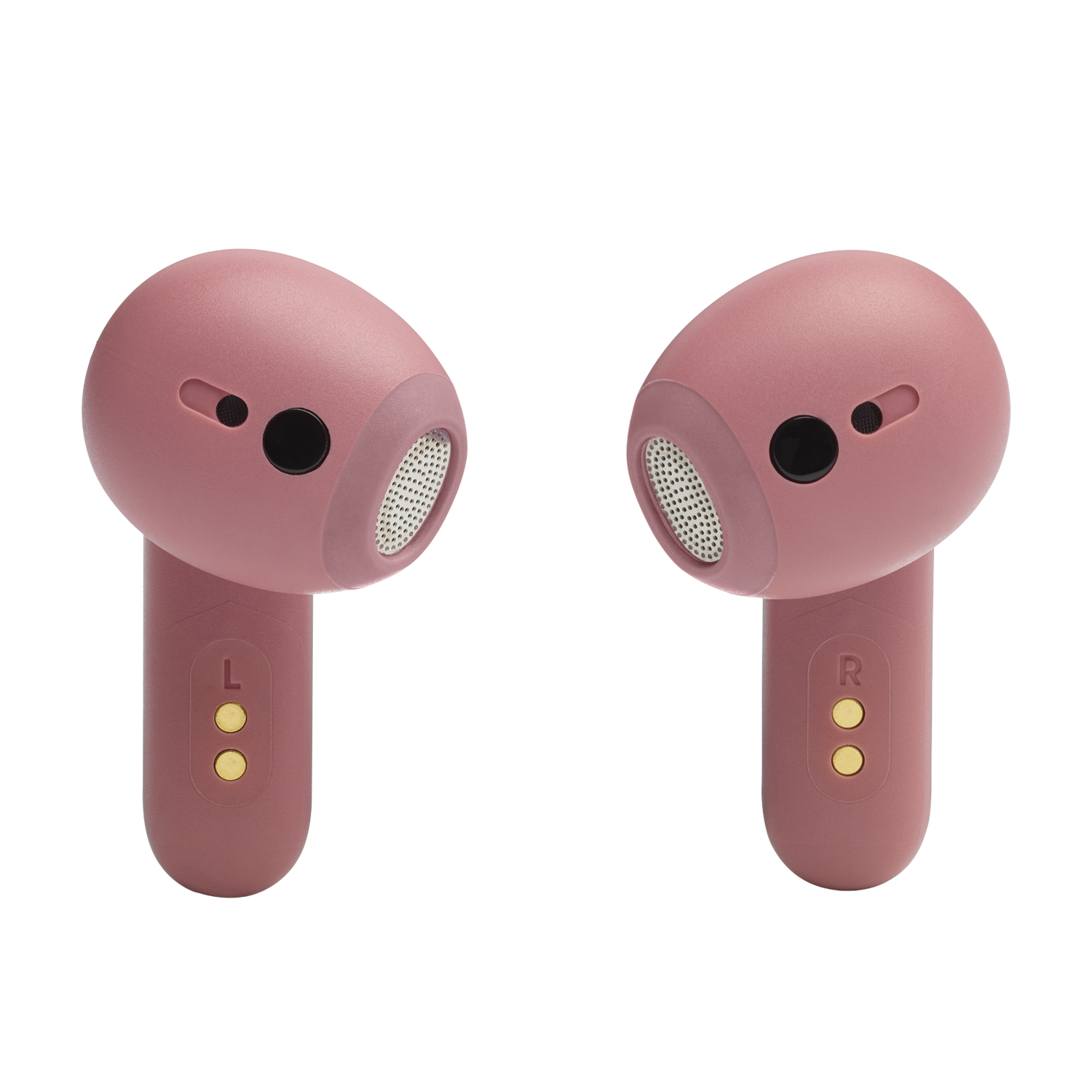 Dwa różowe bezprzewodowe słuchawki douszne. Każda ma styk ładowania i siatkę. Czarne tło.