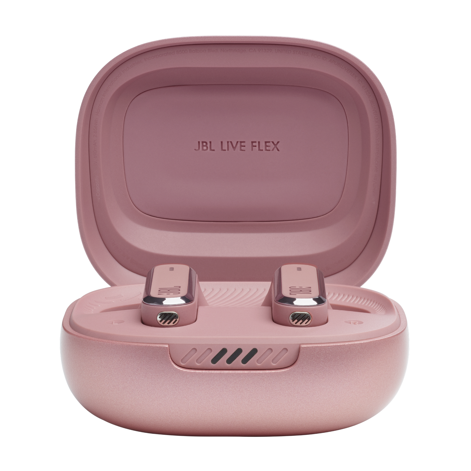 Różowe etui na słuchawki JBL z dwoma słuchawkami w środku. Etui jest otwarte.