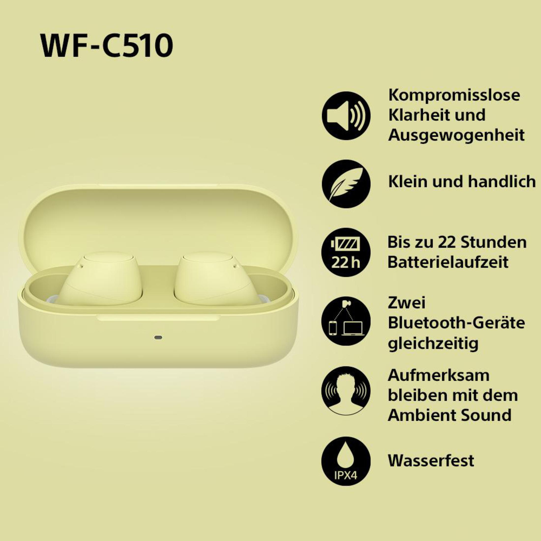 Gelbe Ohrhörer in einem gelben Ladecase. Text um das Case zeigt Funktionen.