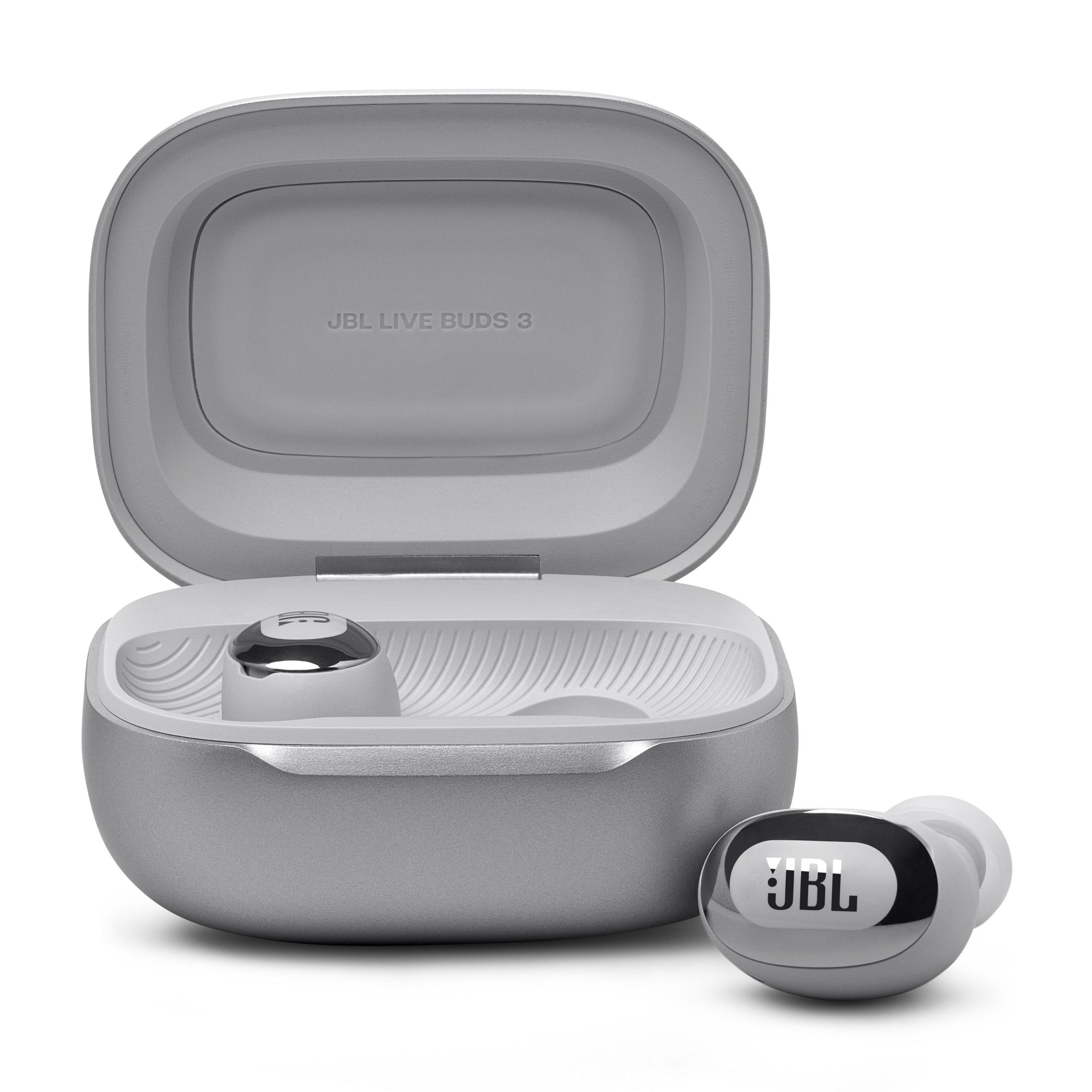 Custodia per auricolari JBL grigia aperta con auricolari all'interno.