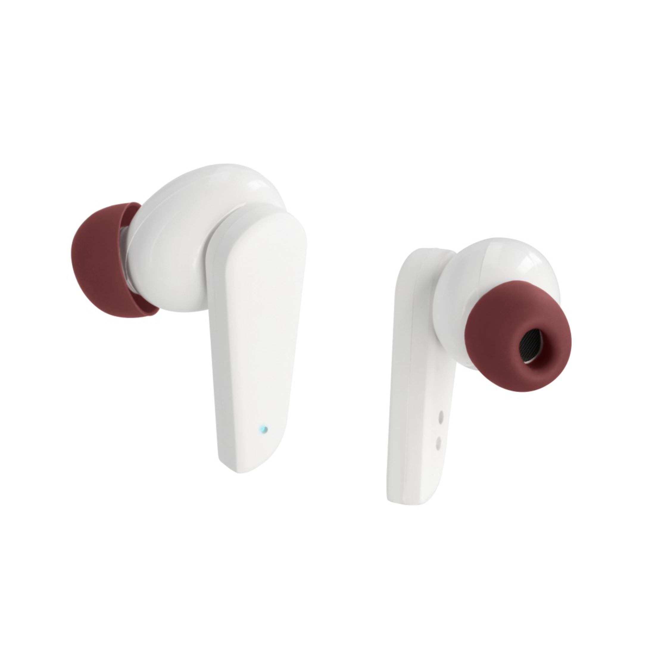 Due auricolari bianchi con auricolari bordeaux. Un auricolare ha una spia blu.
