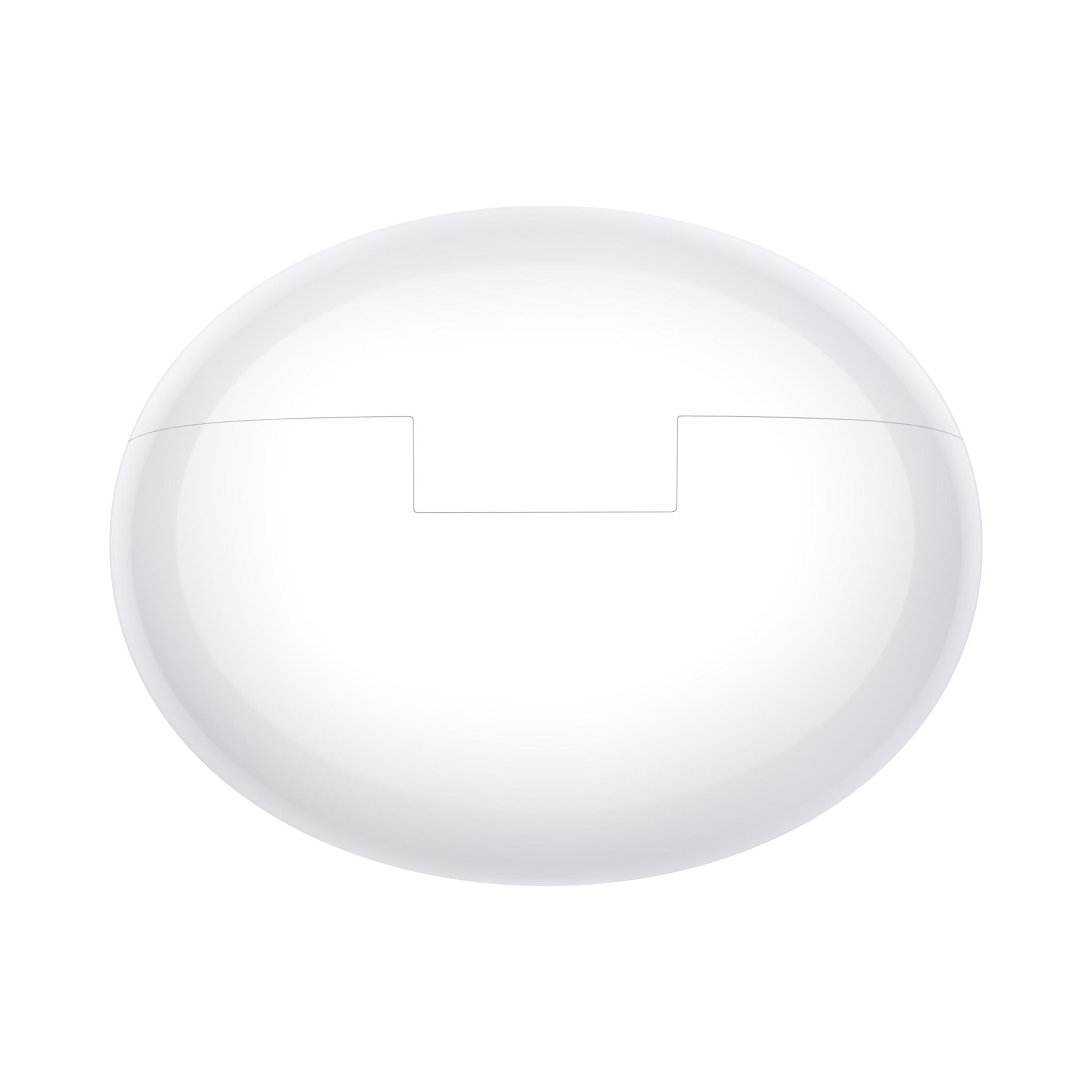 Een witte ovale oplaadcase met een kleine inkeping aan de bovenkant. Witte achtergrond.