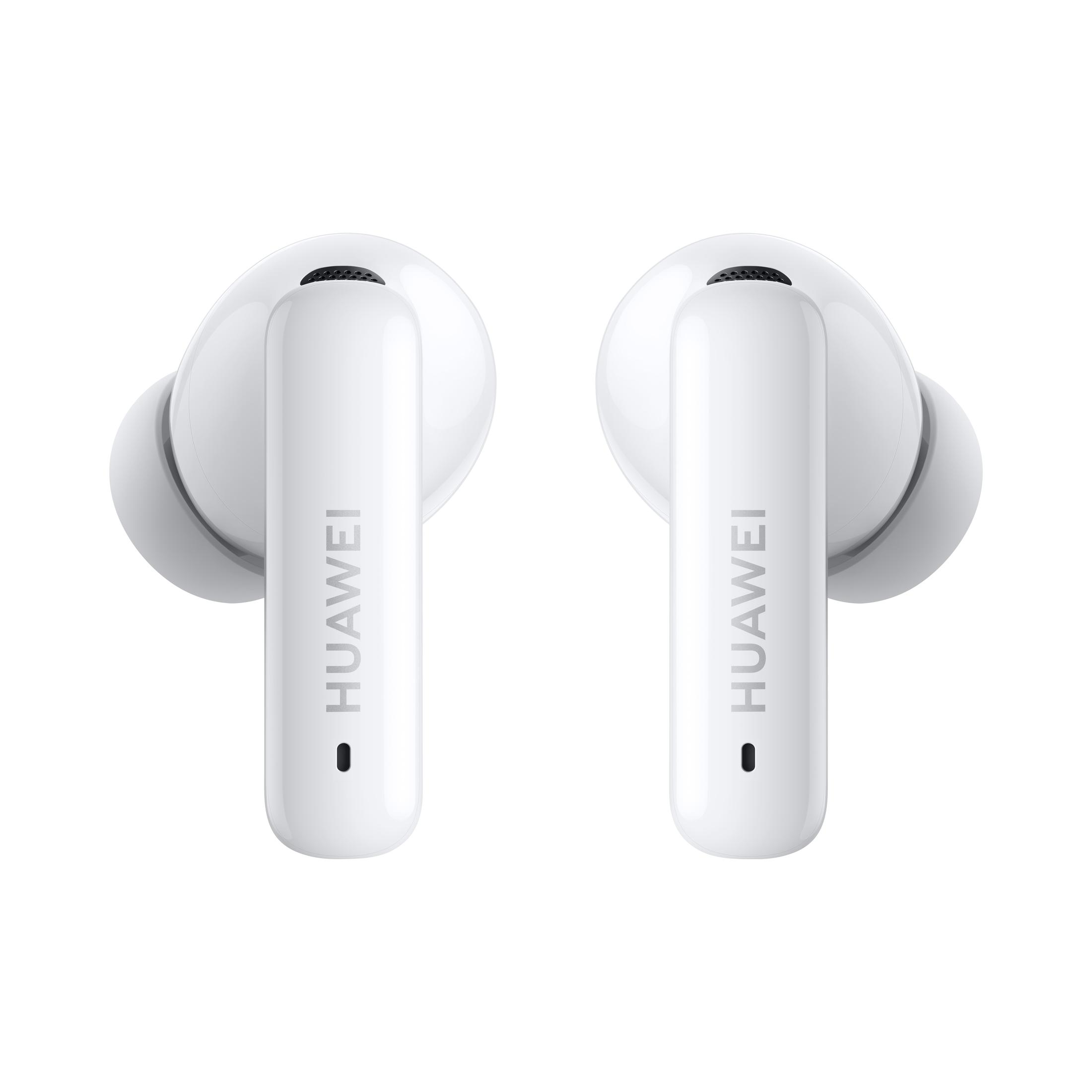Twee witte Huawei oordopjes met de merknaam erop.