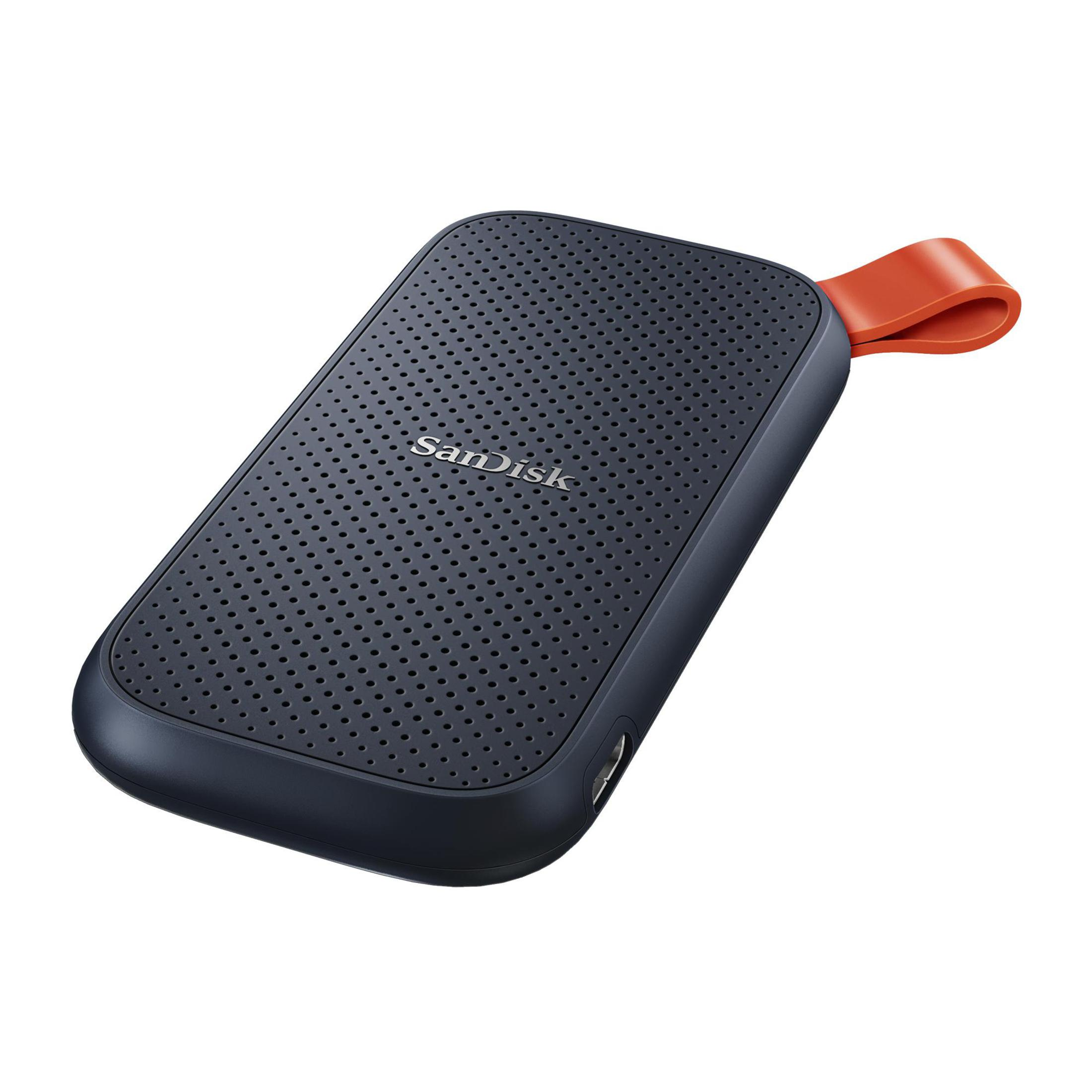 Disque dur externe SanDisk bleu foncé avec une boucle orange sur fond blanc.
