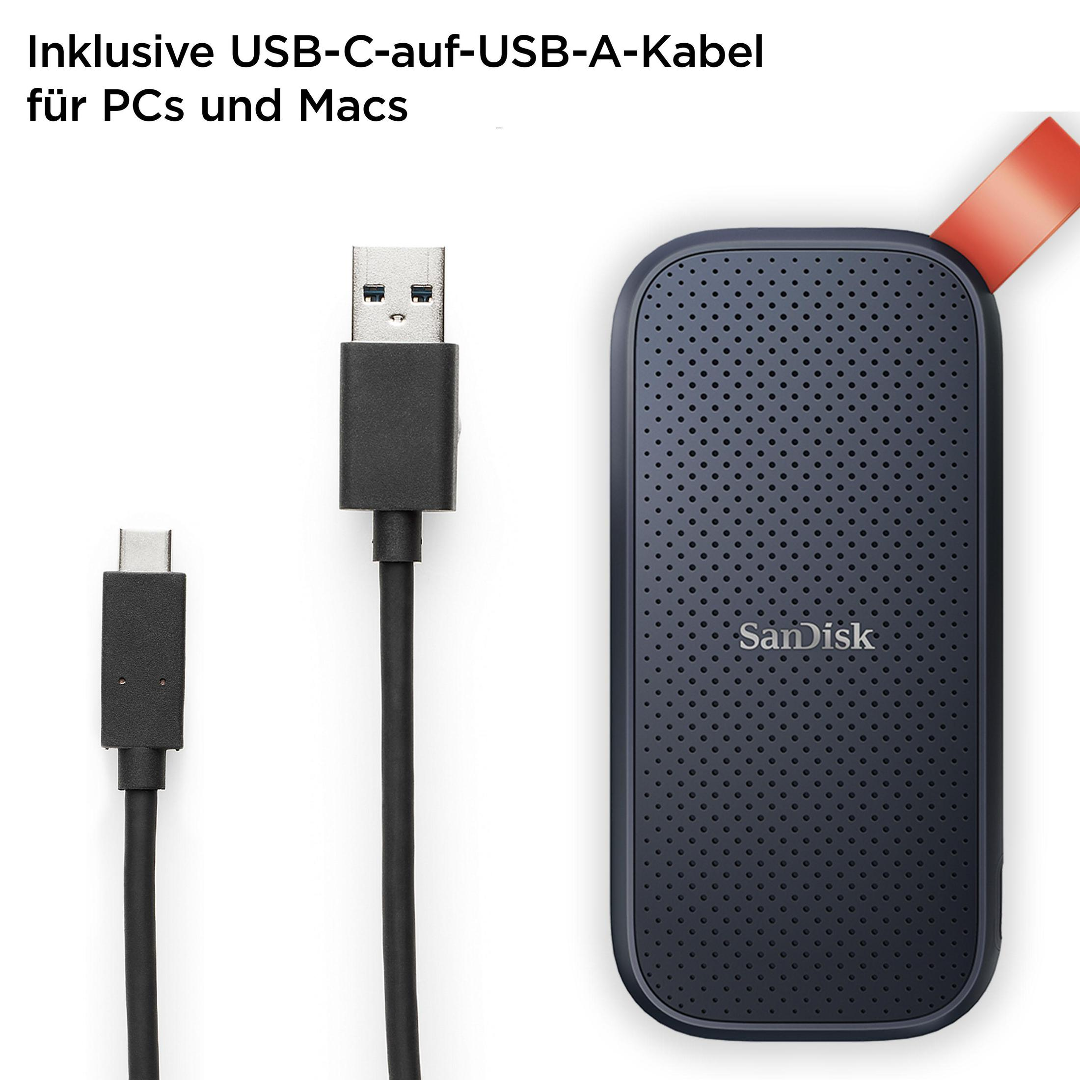 Un câble USB noir, un câble USB-C et un disque dur portable avec le logo SanDisk.