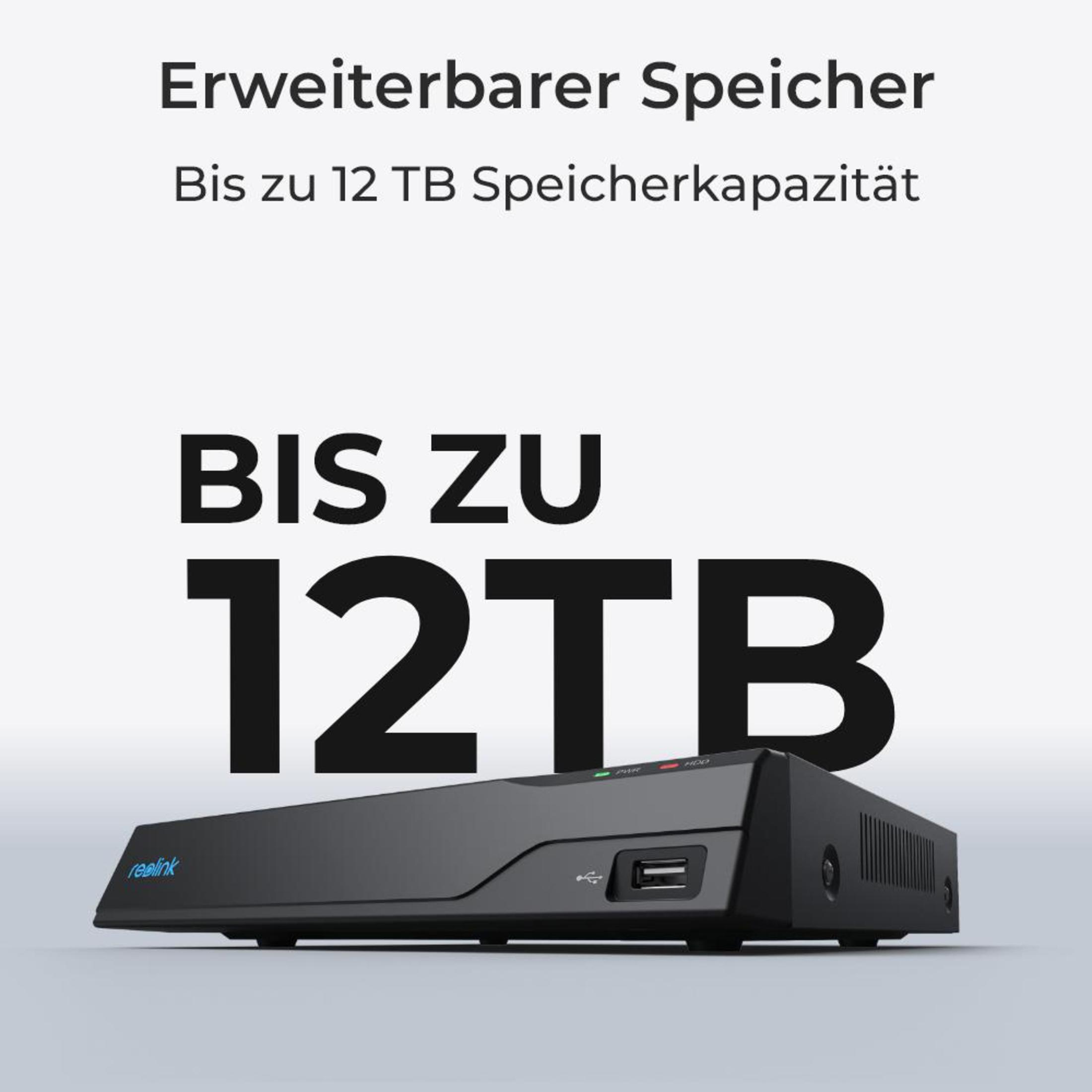 Schwarzes Reolink-Gerät mit dem Schriftzug 'Bis Zu 12TB' in großer Schrift. Weißer Hintergrund.