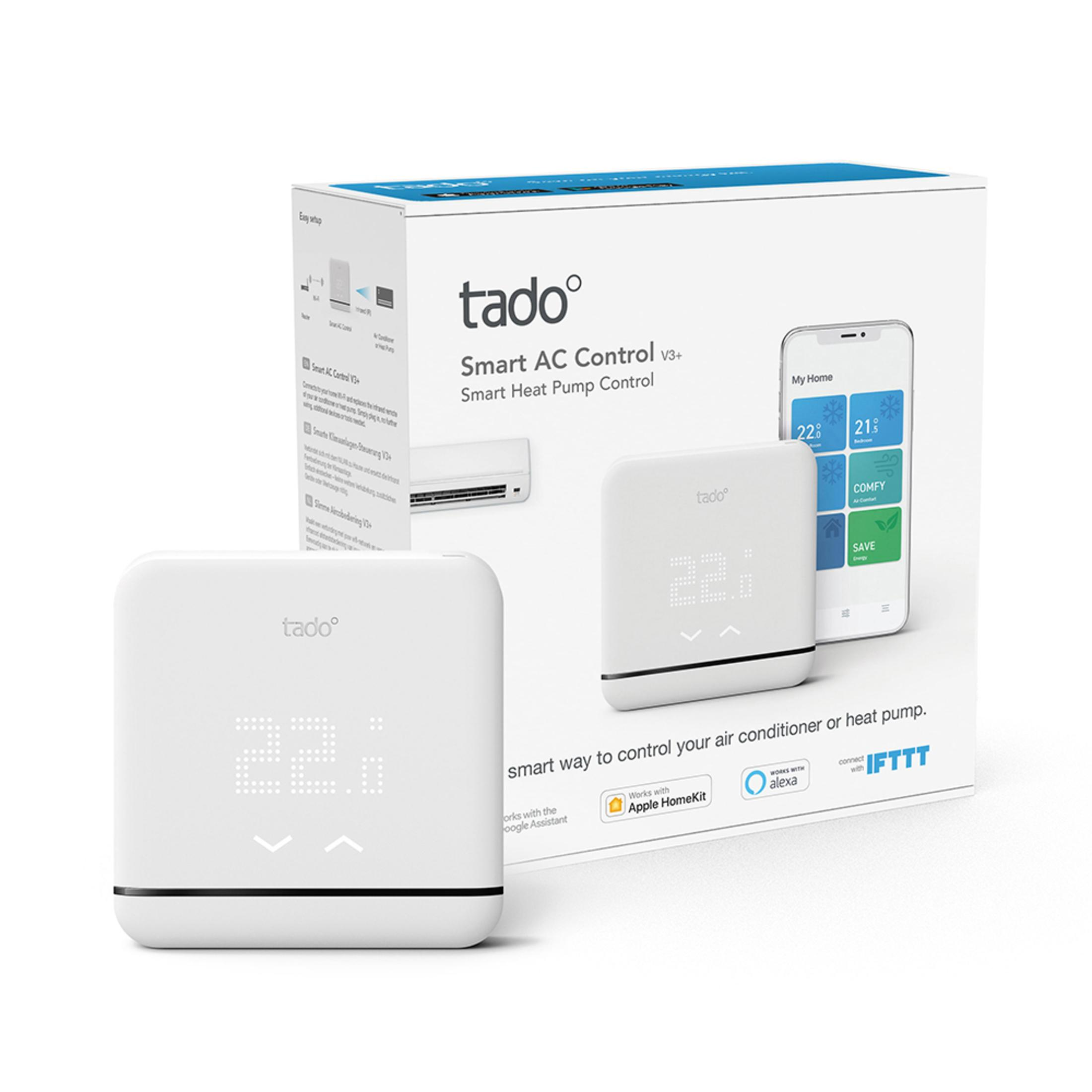 Tado Smart AC Control V3+ box and thermostat, with a phone displaying the app interface.
